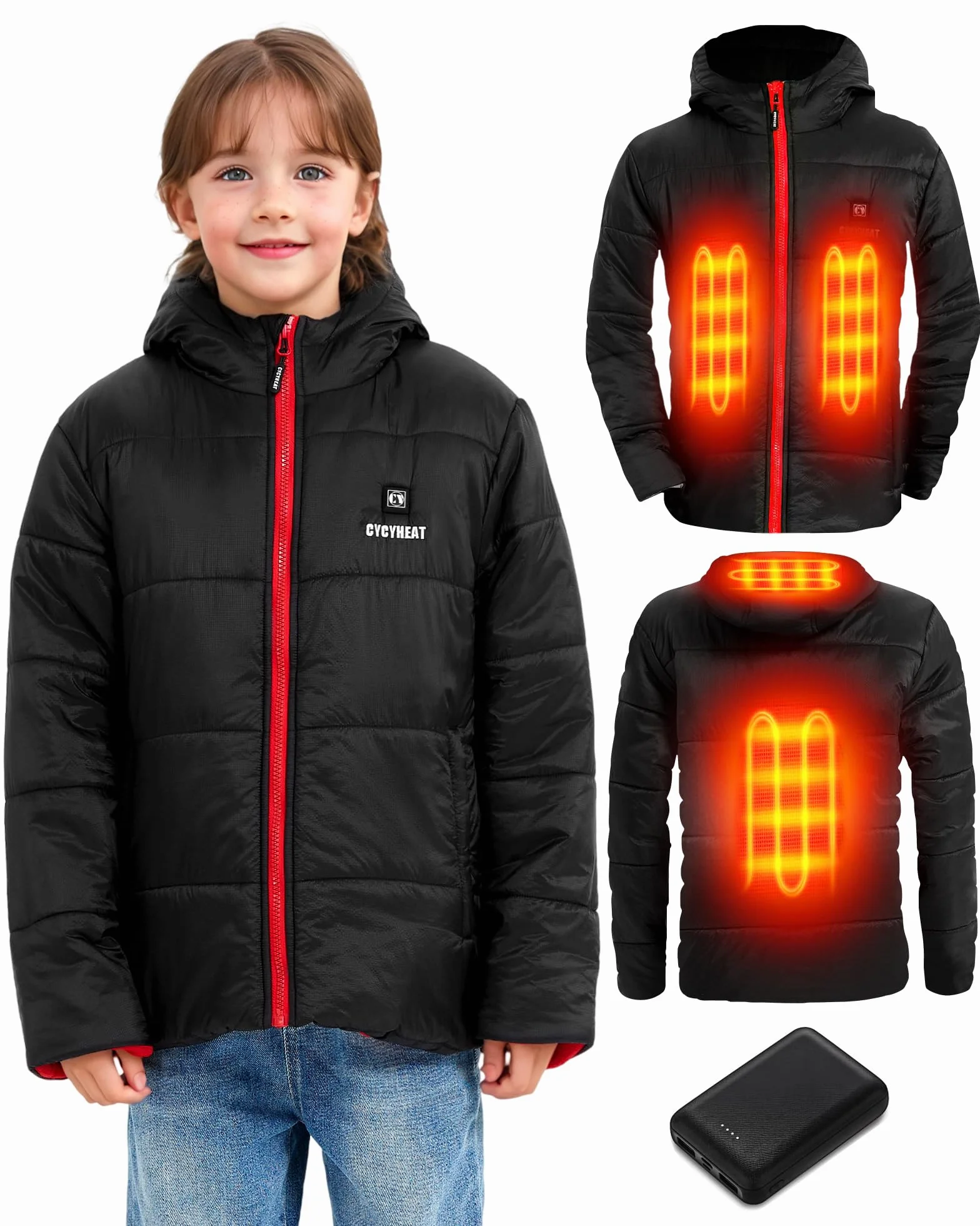 CYCYHEAT Chaqueta térmica para niños y niñas, chaqueta térmica con capucha, calentador de cuerpo con batería, ropa térmica para esquí