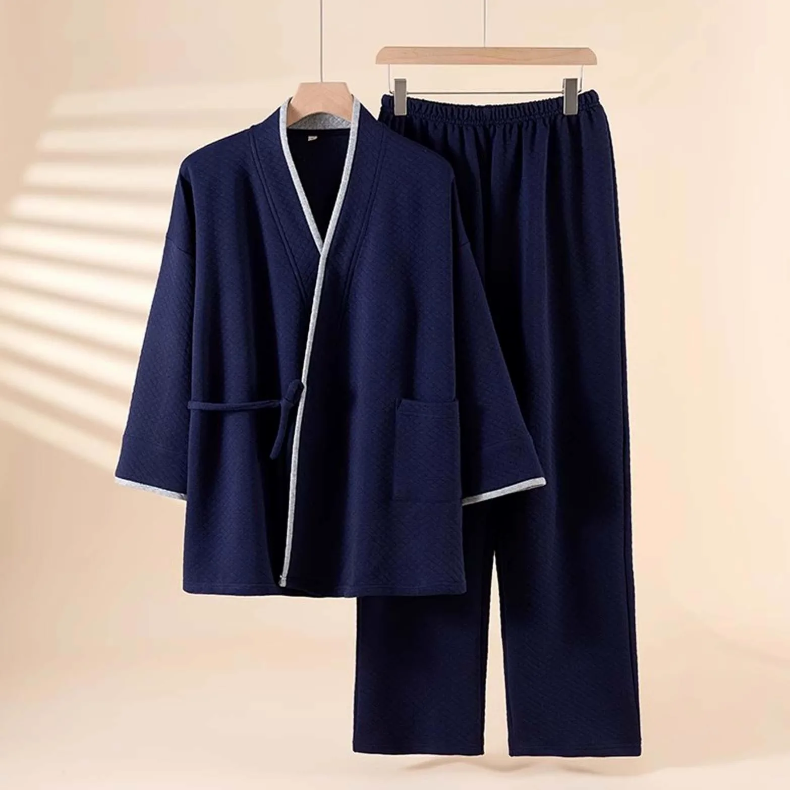 Pijama para hombre con cuello de pico, pijama de dos piezas, kimono japonés, juego de 2 piezas, ajuste holgado, pijama para el tiempo libre, cálido y grueso, ropa de dormir