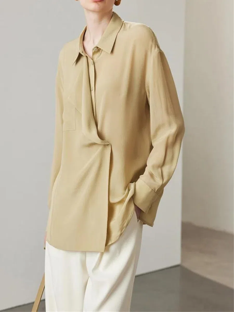 Blusa de seda lisa para mujer, cuello abatible, elegante, informal, con botones, de seda