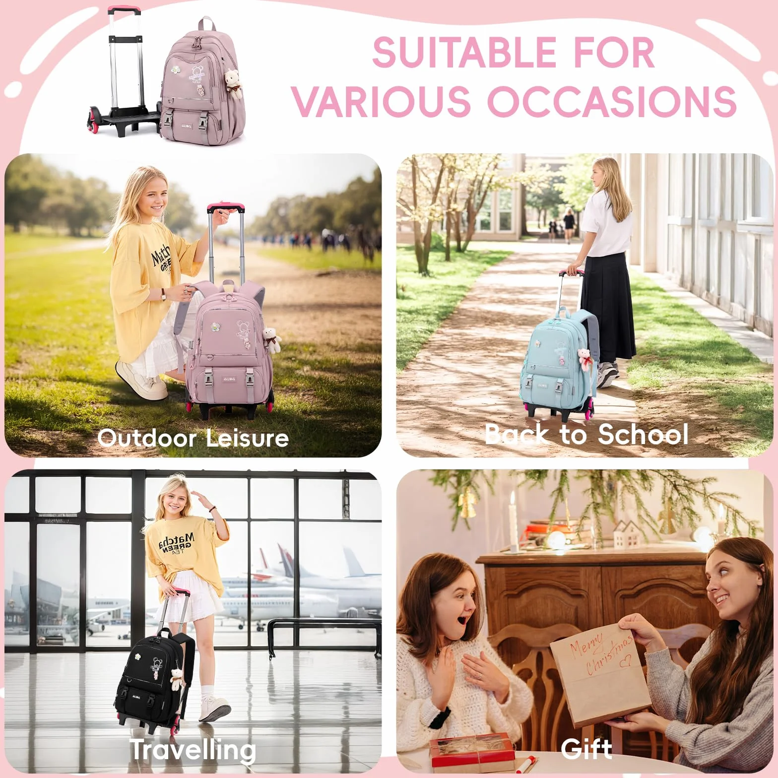 Amythe Mochilas Escolares con Ruedas Niñas, Trolley Desmontable, Morado | Mochila Colegio con 6 Ruedas para Chicas de 10-18 años, Carro Bolso Escolar con Colgante para Adolescentes, Vuelta al cole