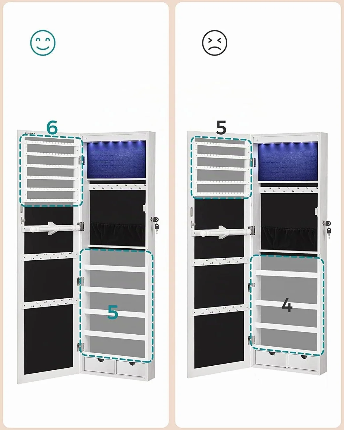 SONGMICS Espejo Joyero de Pared, Espejo Joyero Colgante sin Marco, Armario de Joyas con 6 LEDs para Colgar en la Pared o en la Puerta, Gran Capacidad con 2 Cajones, Blanco JJC99WT