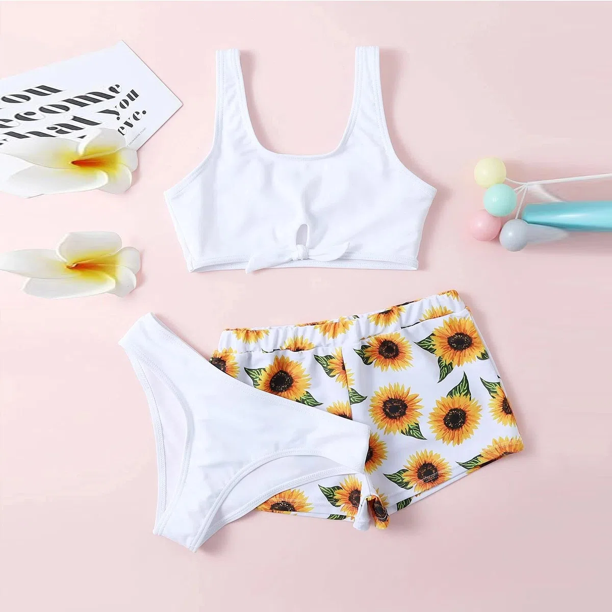 Generisch Deportes trajes de baño niña flor traje de baño verano estampado girasol niñas tres piezas lindo para