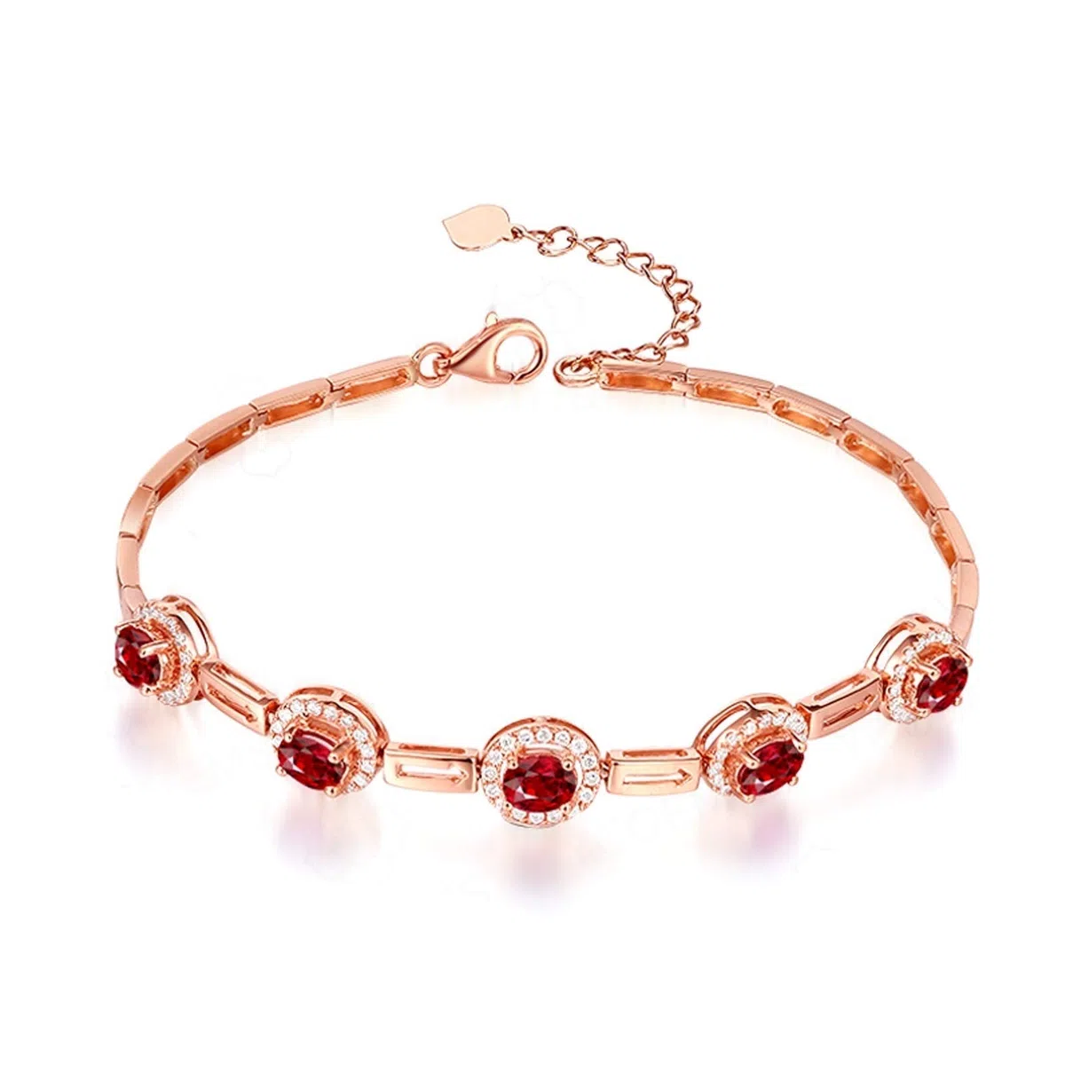 ZH1YFD Pulsera de Cadena de Oro Rosa de rubí, eslabón de Barra y halo con Cadena de Pulsera de rubí y Zafiro de 1,35 Quilates para Mujer 16,5 + 2,5 CM