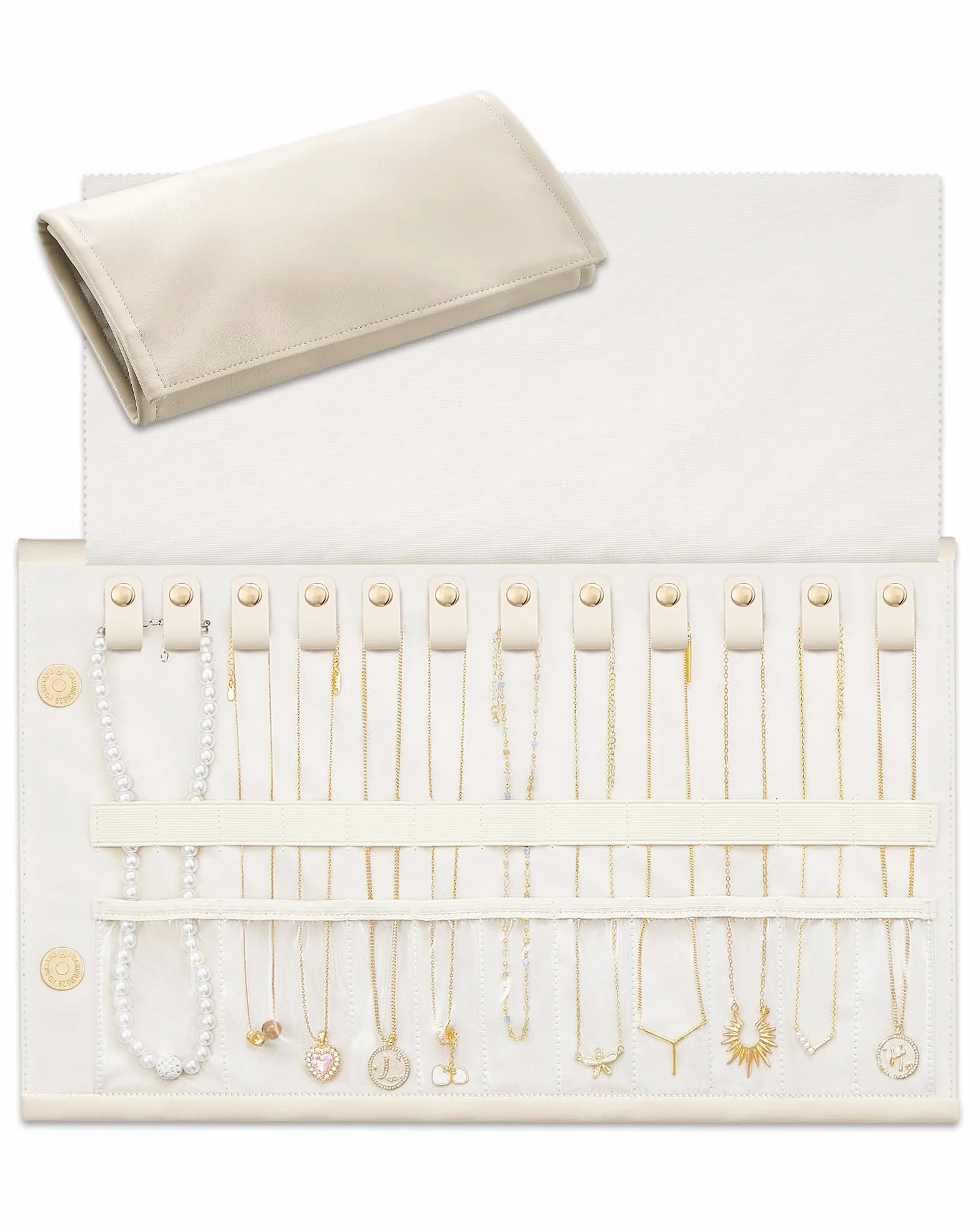 Lolalet Organizador de Collares de Viaje Antienredos, Bolsa de Joyas de Cuero Plegable y Enrollable para Collares, Cadenas y Pulseras - Blanco Crema, 12 Compartimentos