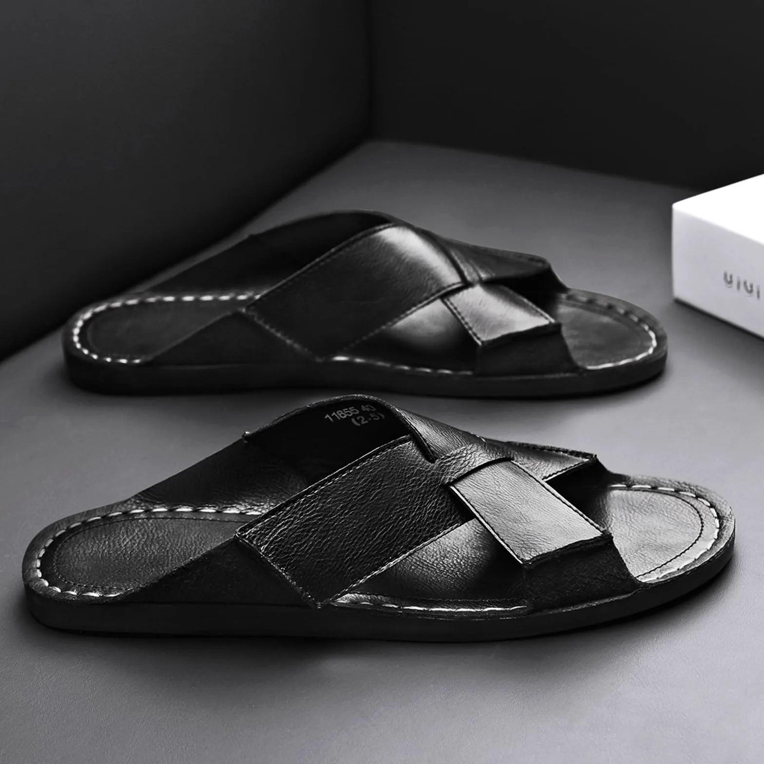 Sandalias de piel auténtica para hombre, cómodas, ligeras, abiertas, redondas, sin cordones, para exteriores, caminar, sandalias casuales de playa, Negro, 46 EU
