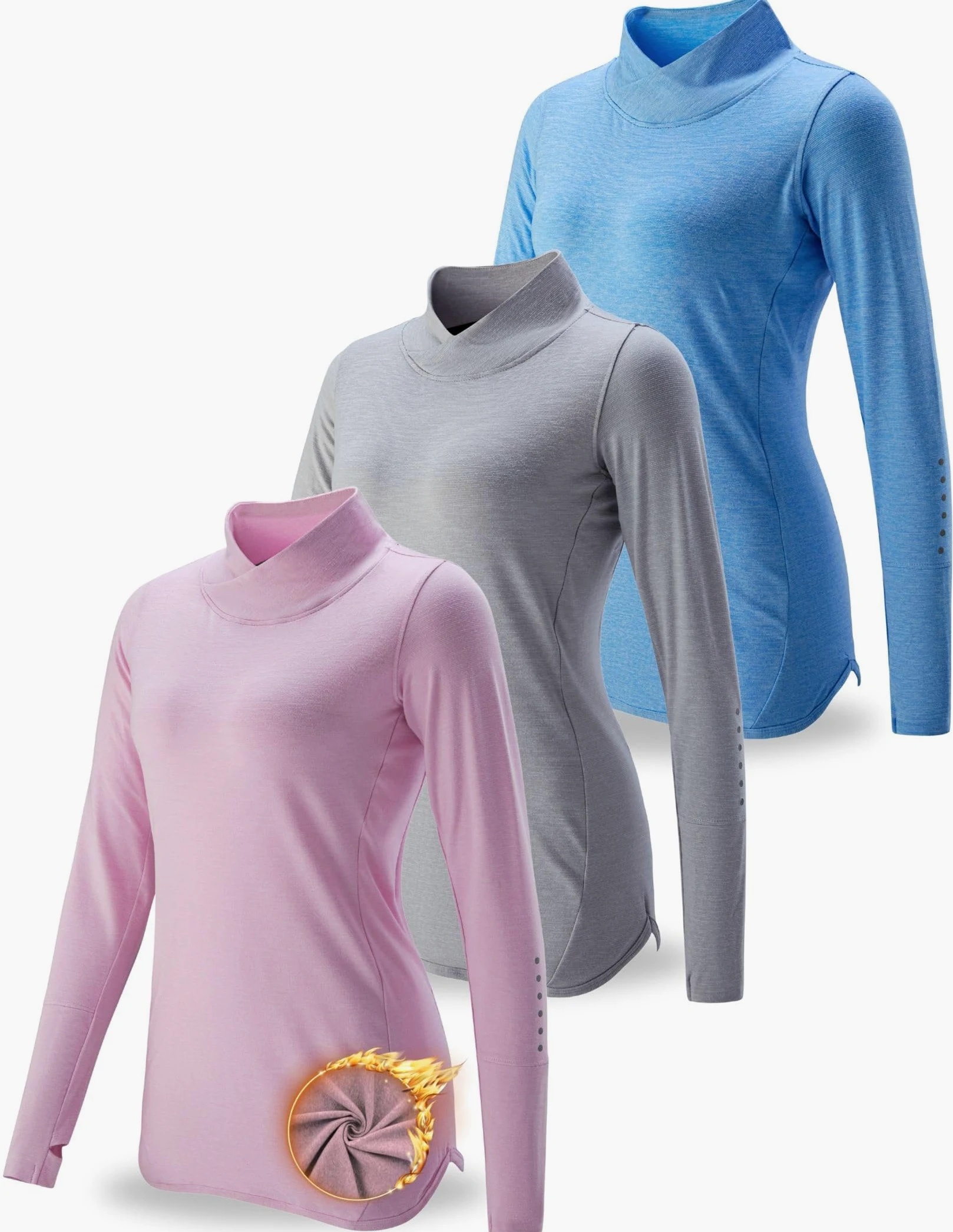 Paquete de 3 camisetas térmicas de forro polar para mujer, manga larga, cuello alto, para correr, entrenamiento, clima frío