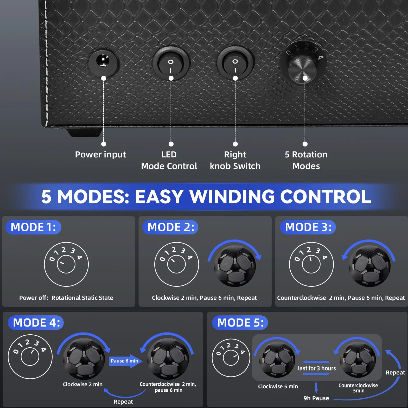 Hightall Remontador automático para relojes 6+6 motor silencioso espuma viscoelástica base fibra de carbono Negro