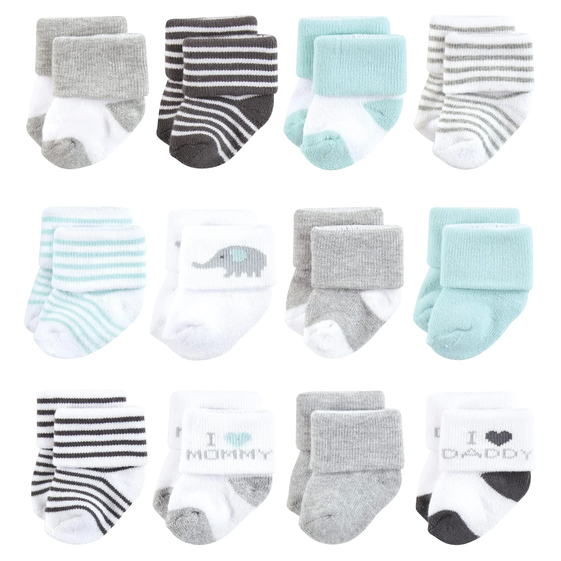 Hudson Baby Unisex Baby Cotton Rich Newborn and Terry Socks, Mom & Dad Gray Mint, 6-12 Months