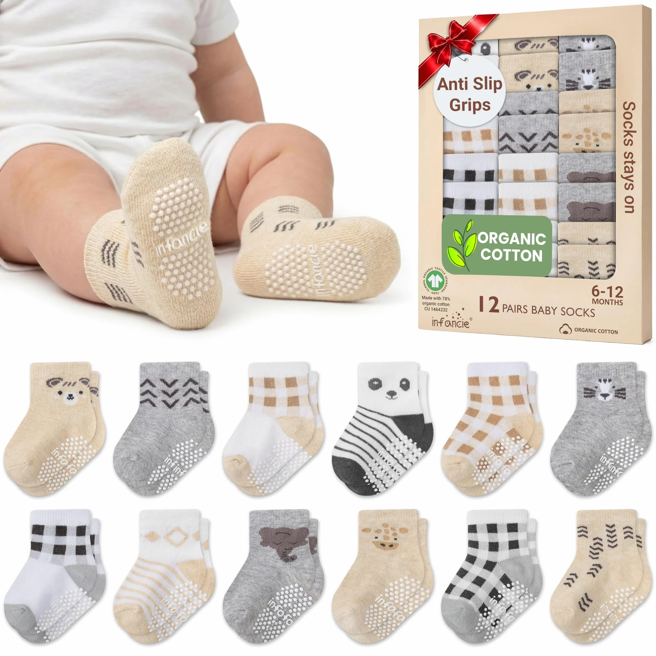 Calcetines para bebé con pinzas de 0-6 y 6-12 meses, suela antideslizante para caminar segura, puños acanalados unisex para permanecer en su lugar, 12 pares
