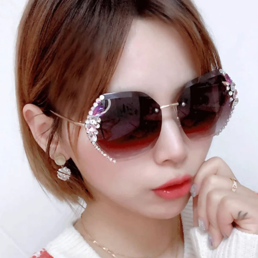 Gafas de Sol de Diamante sin Montura para Mujer 2022, Gafas de Sol de Diamante Degradado de Gran tamaño, Gafas de Sol de Cristal con protección UV