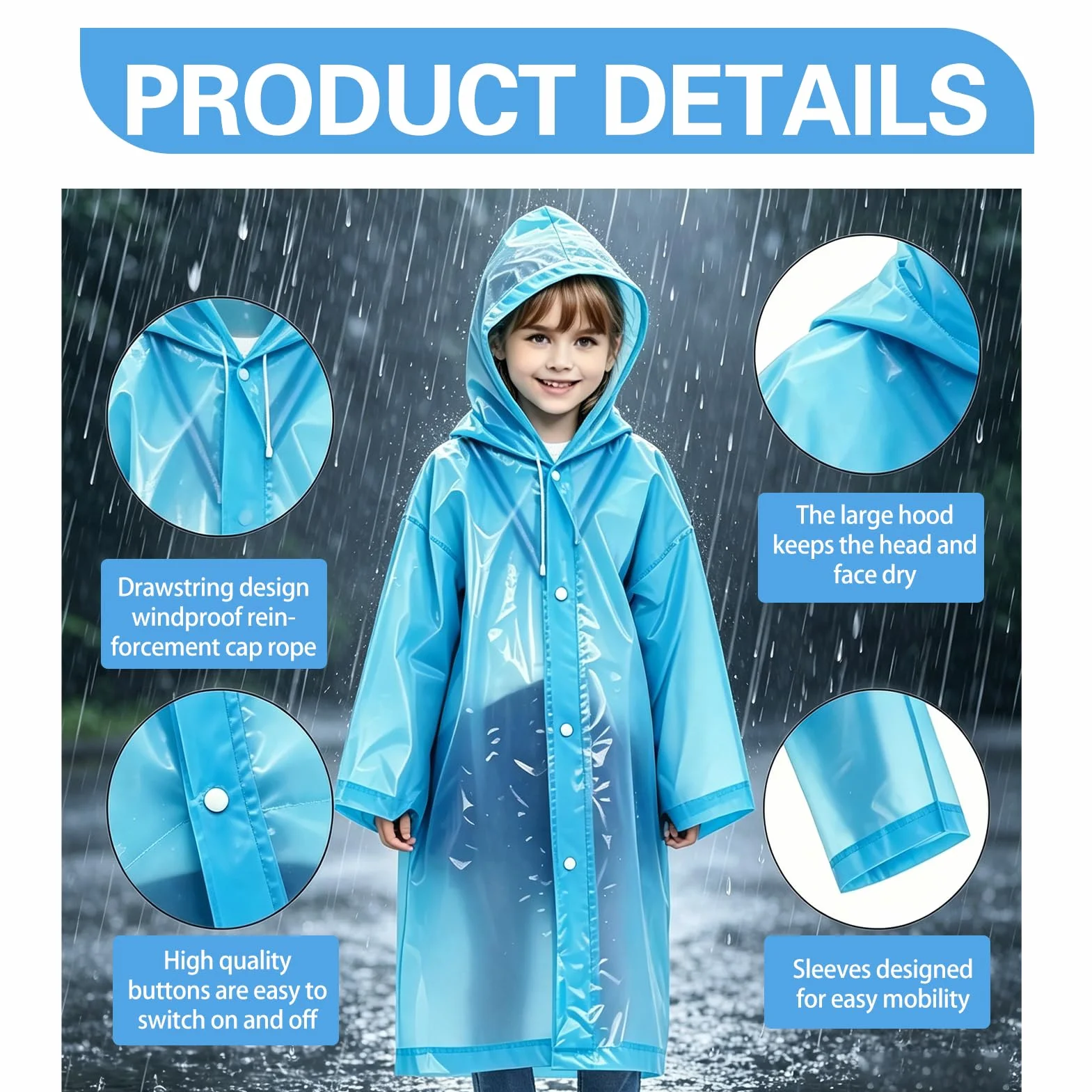 Chubasquero Niños EVA Impermeable Reutilizable 6-12 Años 1.0-1.50m Capucha