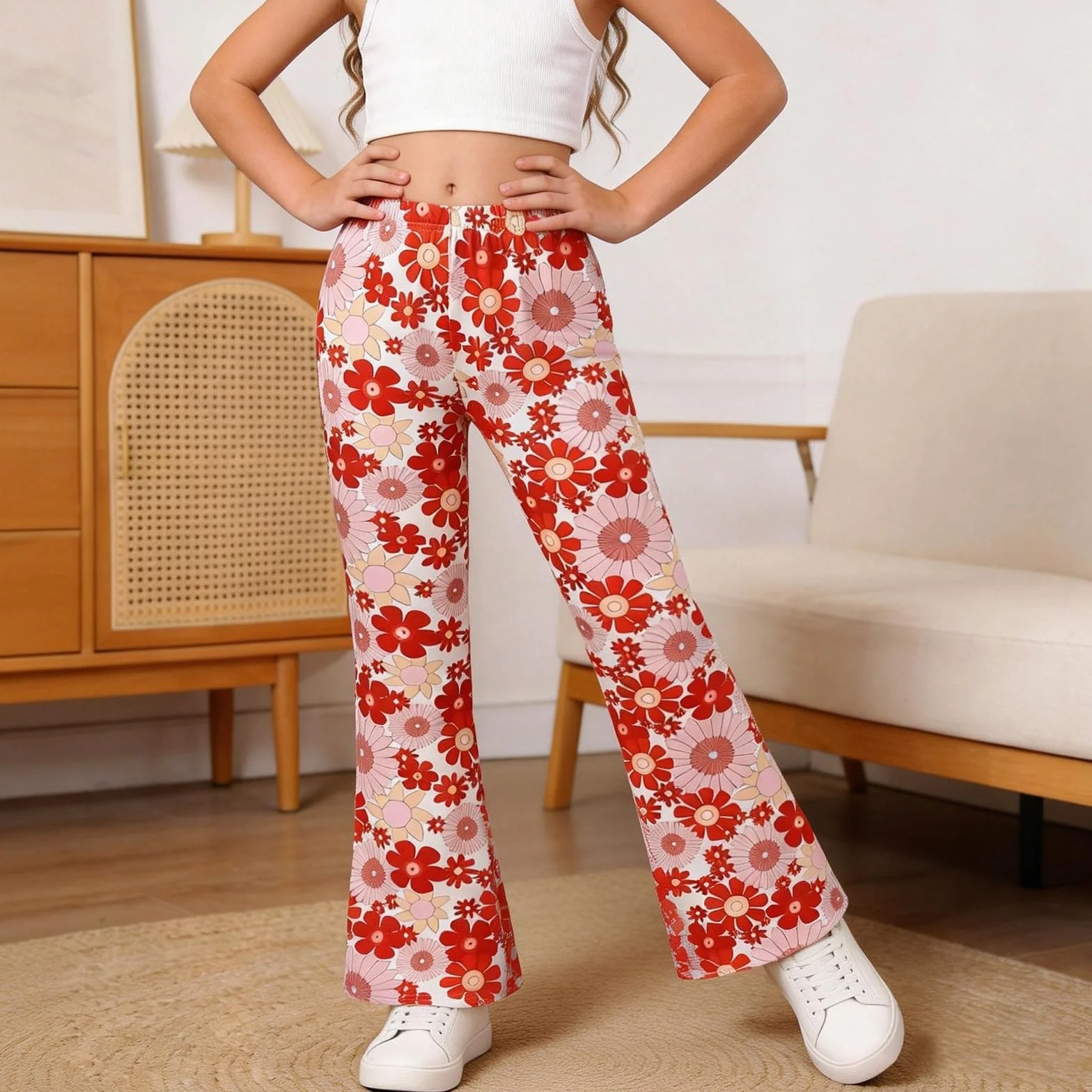 Pantalón acampanado para niño y niña, estampado de flores hippie pantalones 70 Slim Stretch de cintura alta acampanado Bootcut Chic y elegante para trabajo y sastre