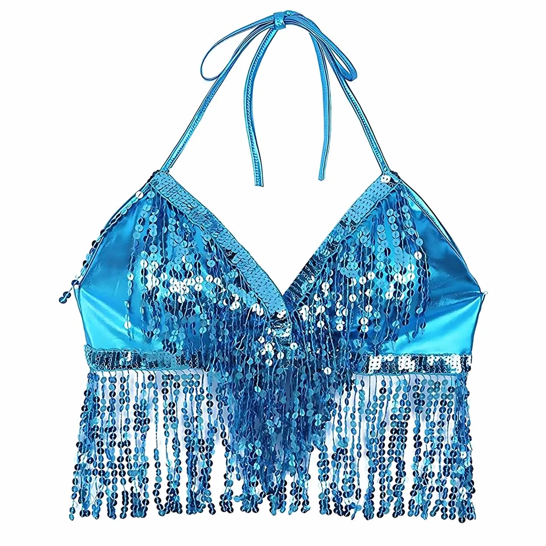 Top halter de lentejuelas para danza del vientre, sujetador sin espalda turquesa