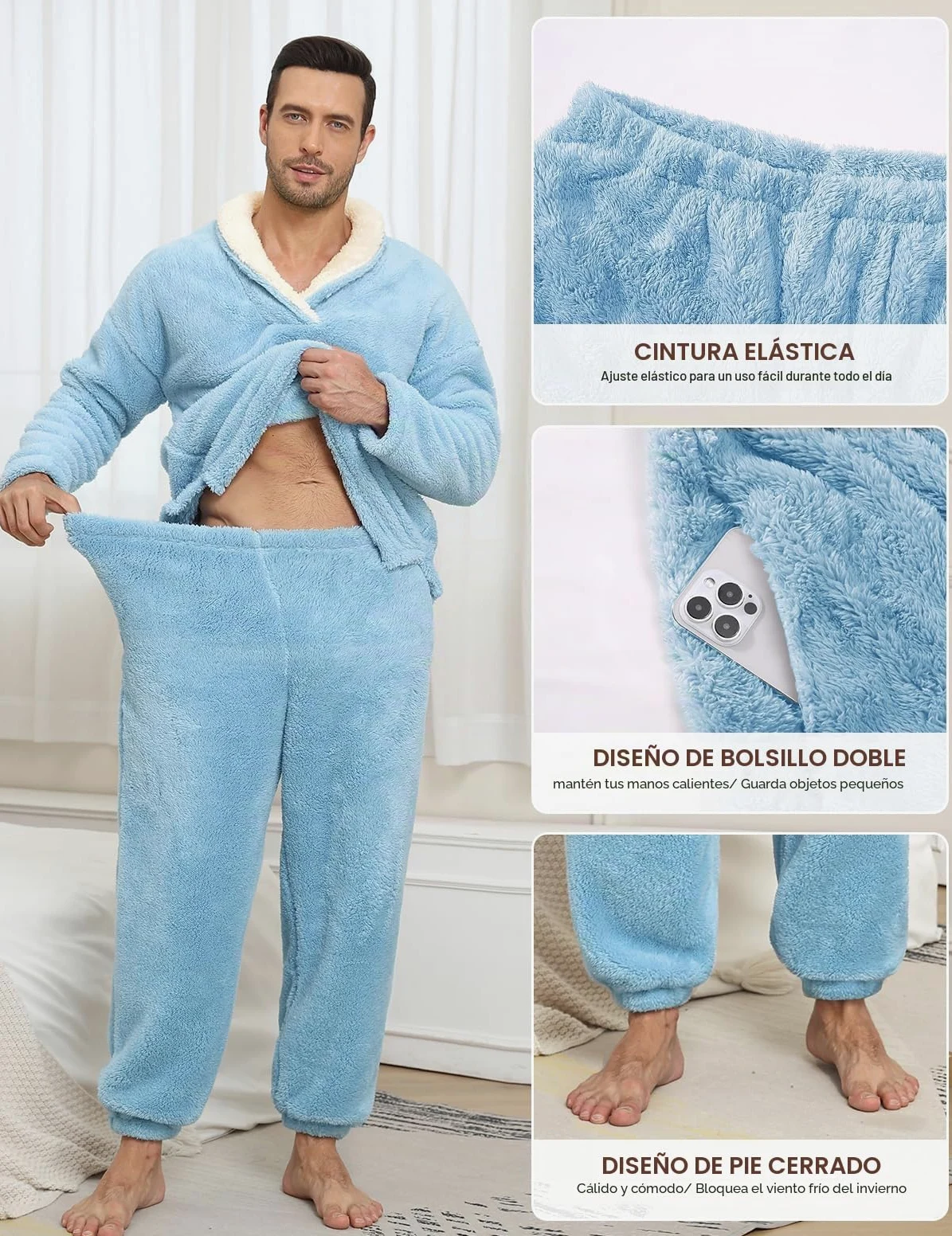 TOMEEK Pijama Hombre Invierno Largo Pijama Cálido Pantalones de Pijamas Hombre Conjunto de 2 Piezas Felpa Ropa de Estar por Casa Regalo