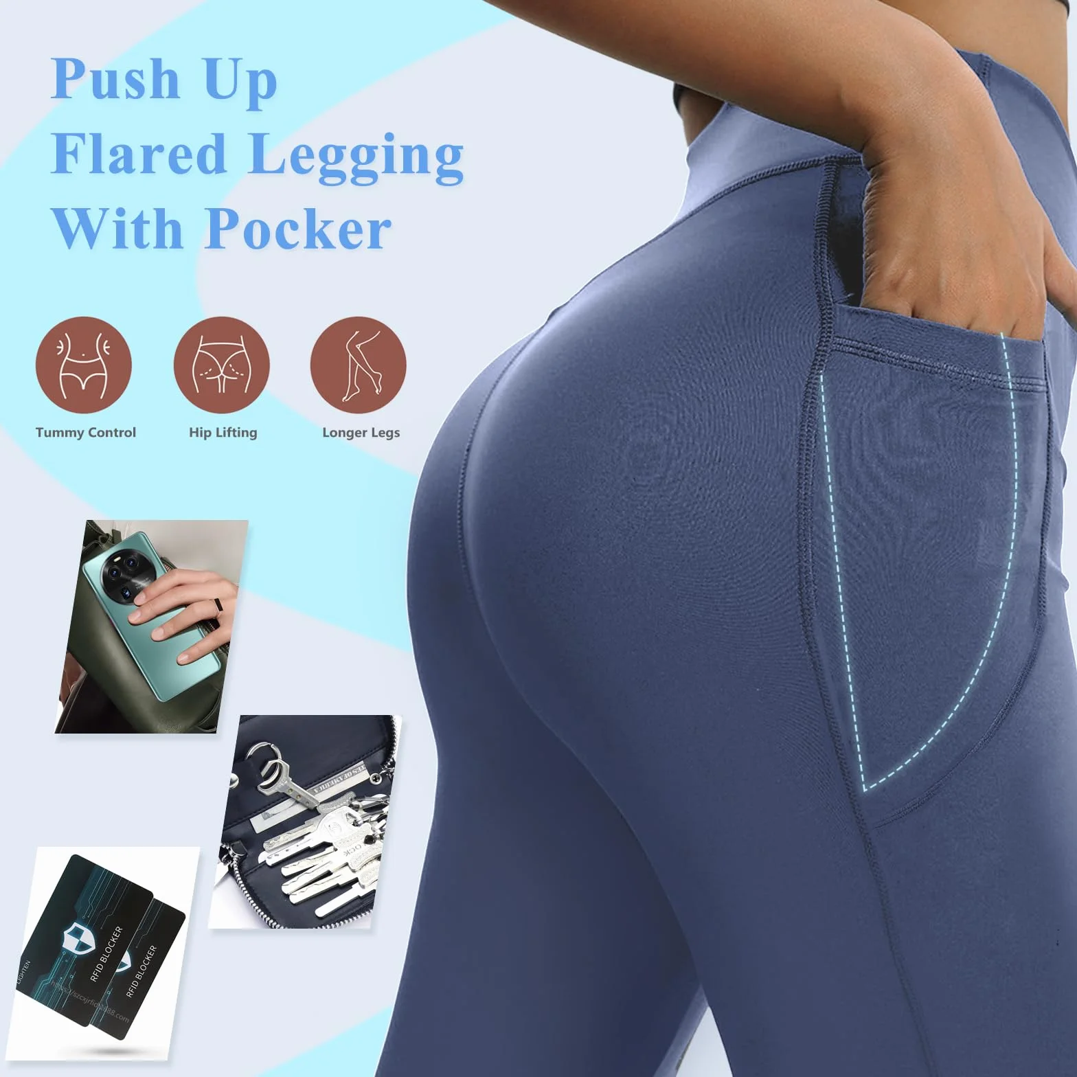 Pantalon Mujer Campana Elastico Pantalones Acampanados con Bolsillos Cintura Alta Flared Leggins Yoga Pants Mallas Deportivos Push Up Opacos Bootcut Pantalon de Jazz Fitness Casual