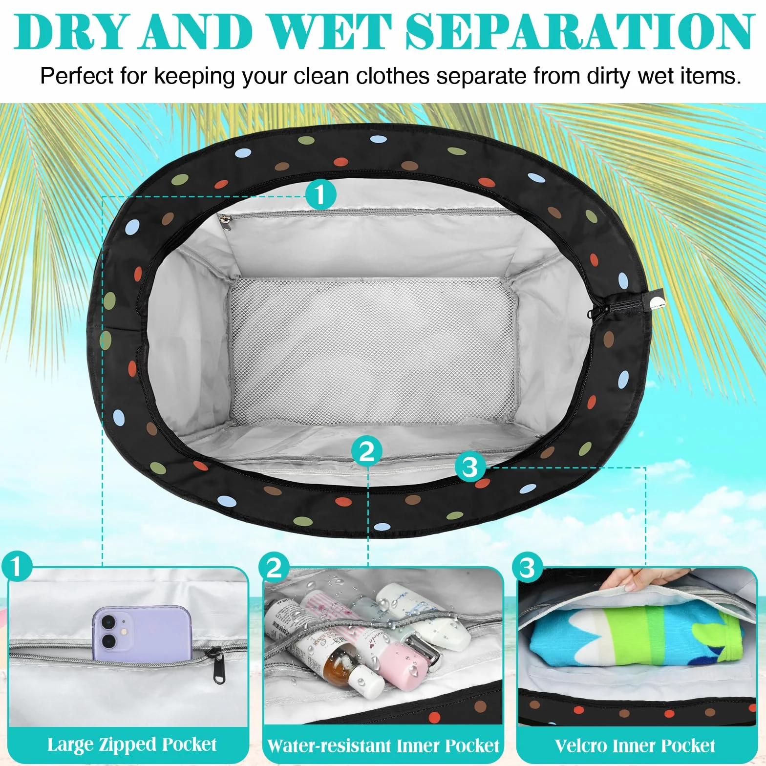 LUROON Bolsa Playa Grande XXL Familiar con Cremallera Impermeable Bolso de Playa Mujer Plegable Shopper Bolso Playa Mujer para Viaje Compras 50 * 35 * 20cm