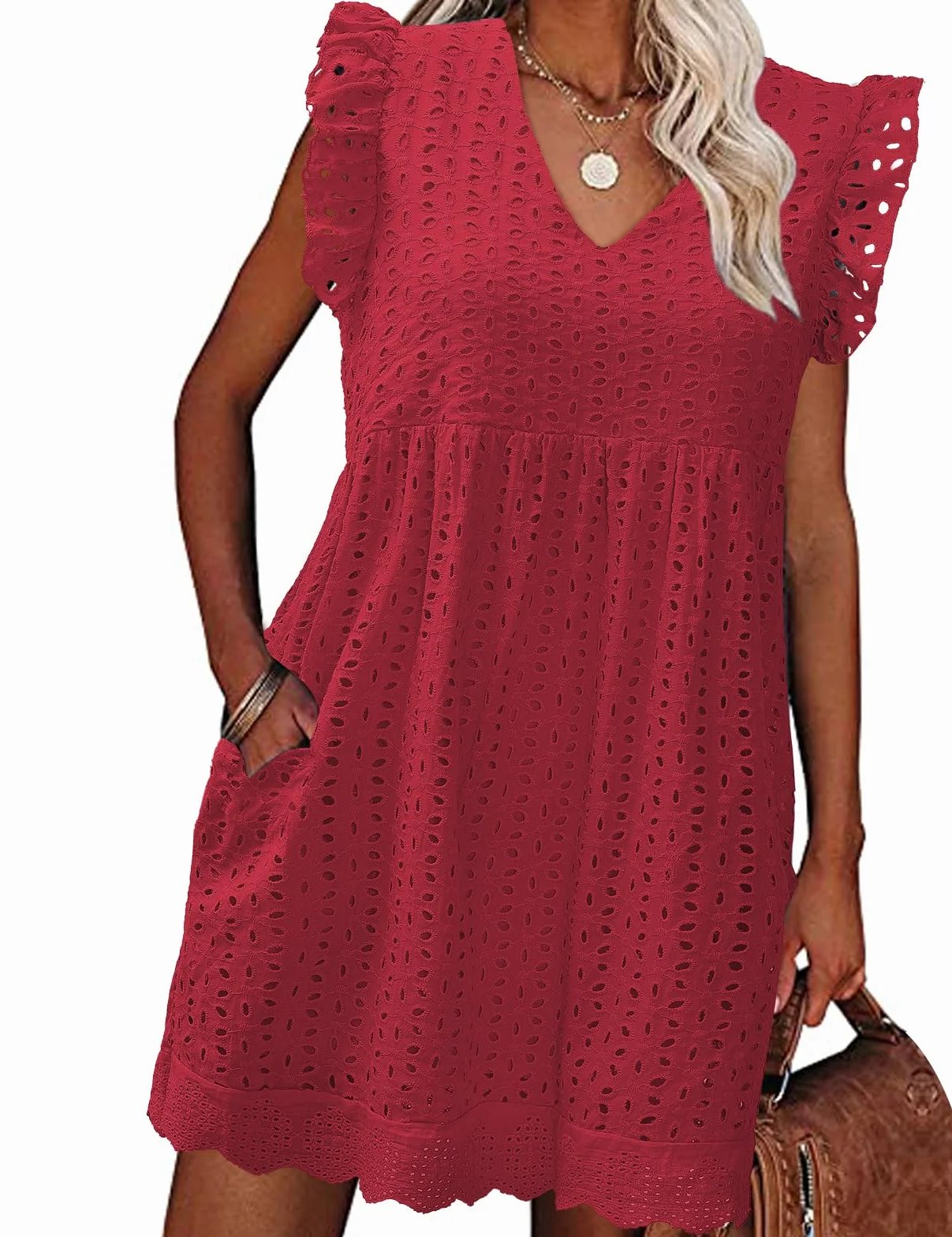 heekpek Vestidos Verano Mujer Sin Mangas Cuello V Algodón Flores Jacquard Casual Playa Bolsillos