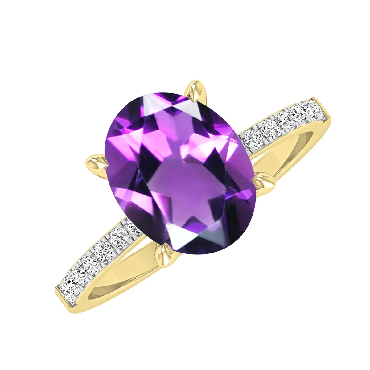 Dazzlingrock Collection Anillo de compromiso de oro amarillo de 14 quilates con piedras preciosas ovaladas y diamantes blancos redondos de 9 x 7 mm para mujer, Oro amarillo Amatista Diamante blanco
