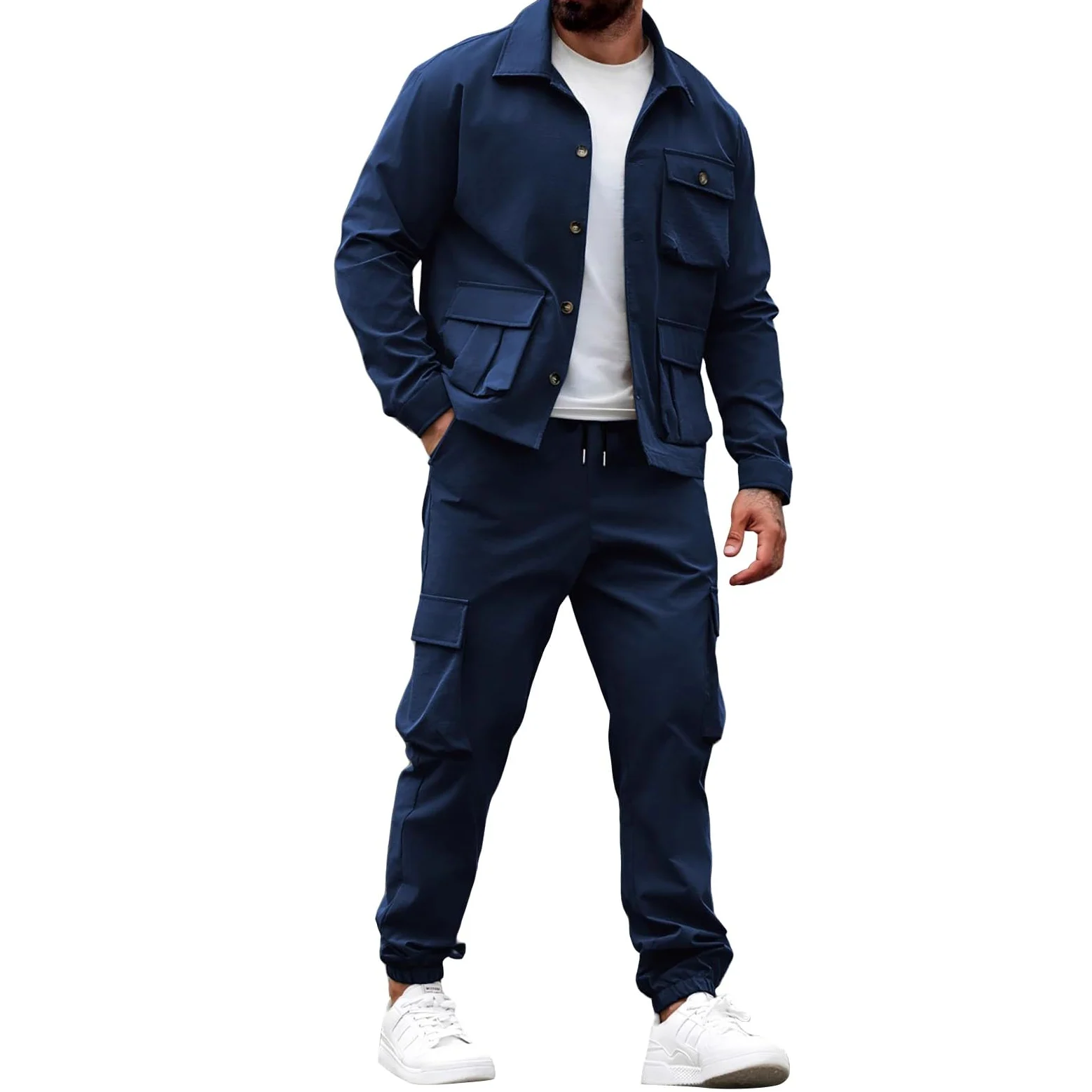 Conjunto completo de chándal para hombre, 2 piezas, chaqueta tipo | Conjuntos de entrenamiento elásticos, pantalones de escalada y camisetas de entrenamiento, con múltiples bolsillos