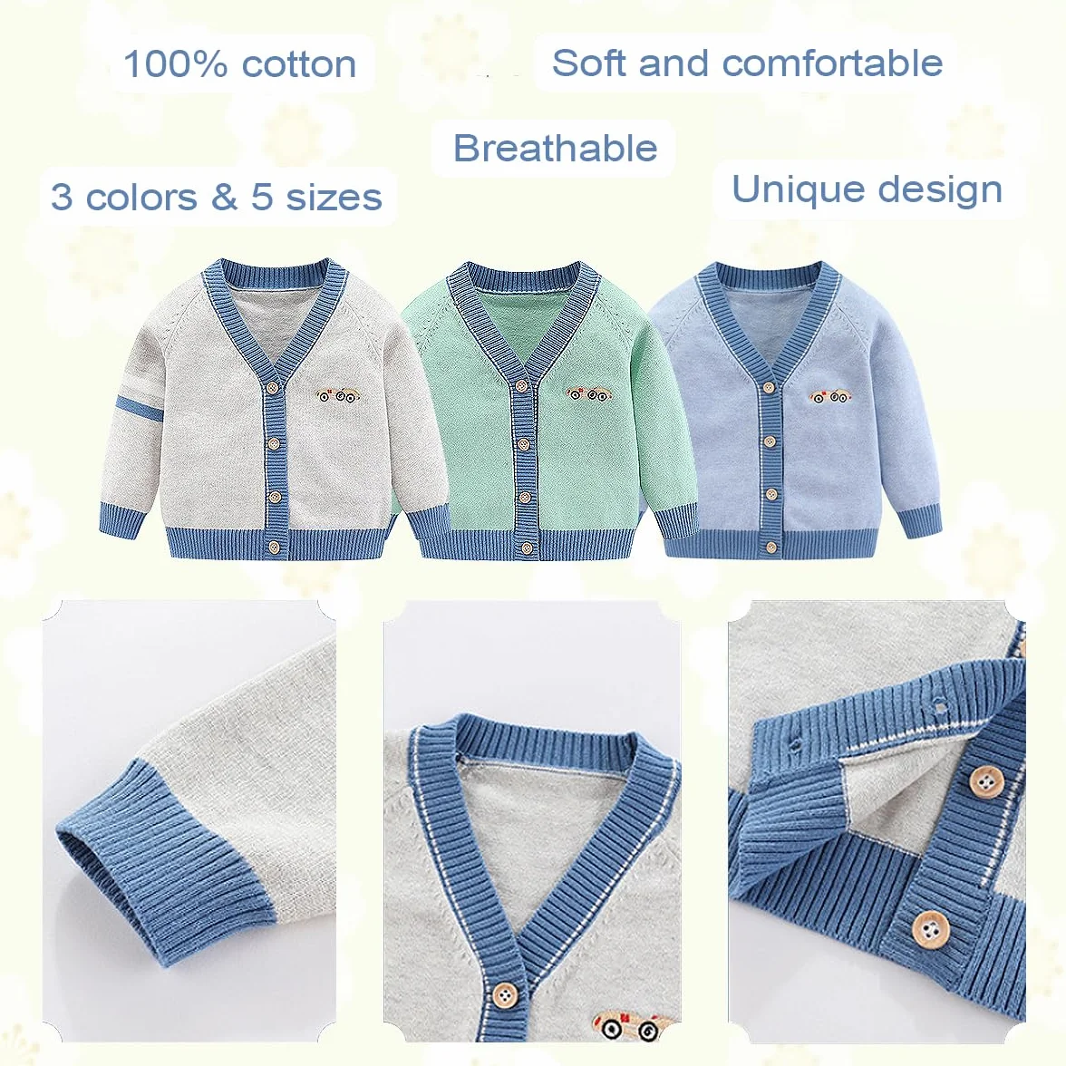 Chaqueta de manga larga para niños (cuello en pico) para niños pequeños con botones de punto para otoño e invierno