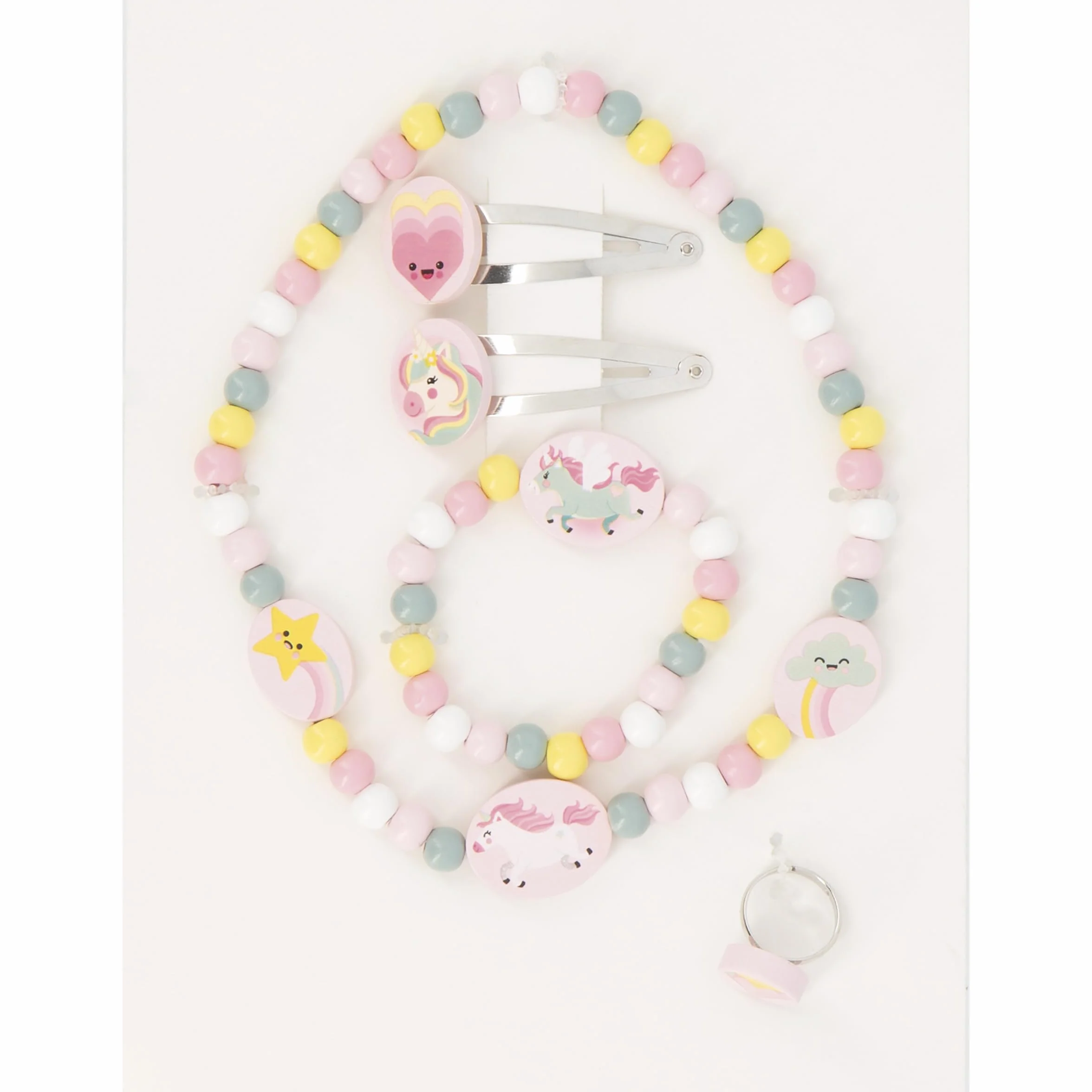 Janod Set de 5 Joyas de Madera Unicornios - Collar, Pulsera, Anillo y 2 Clips - FSC - A Partir de 3 Años