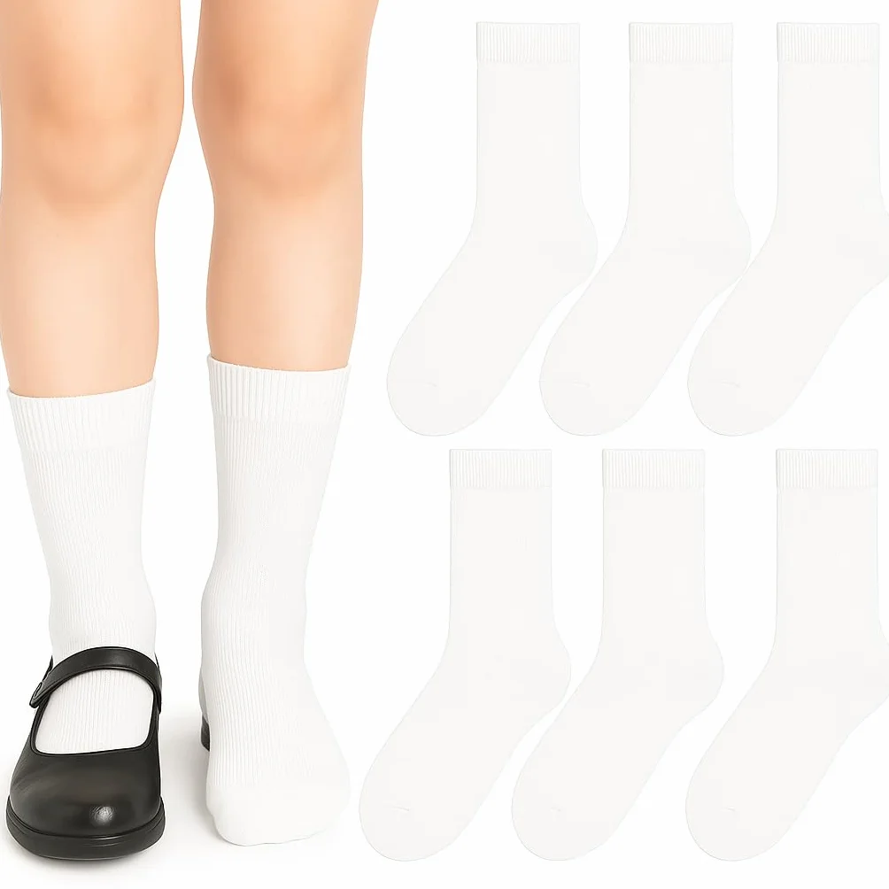 (6 pares) calceltines escolares para niña-niño blancos de algodon uso colegio, deportes, casual unisex, calcetin para uniforme escolar semialtos, medias (FR/ES, Números, 11, Regular, BLANCO 25-28)