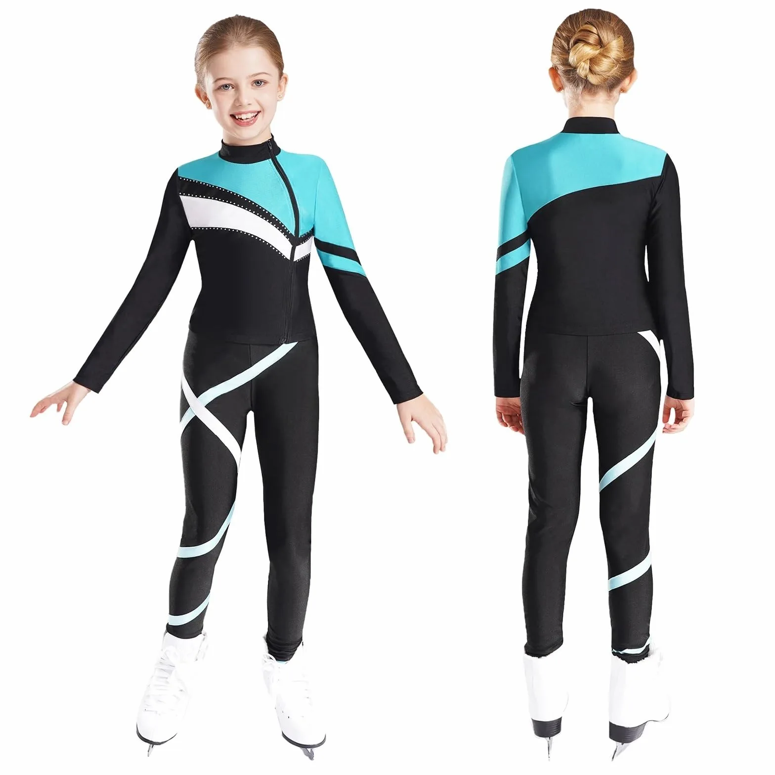 Conjunto Deportivo Niña Traje Deportivo de Gimnasia for niños y niñas, Sudadera atlética de Manga Larga, Top con Mallas, chándal for Entrenamiento de Yoga y Correr(Blue Green A,10)