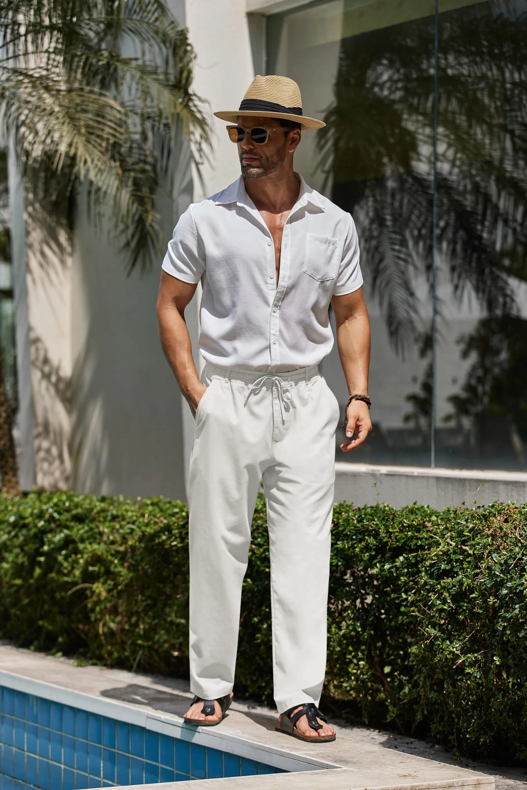 COOFANDY Pantalones Lino Hombre Verano Largos Casual Playa Pantalones Cintura Elástica Cordón Ligeros