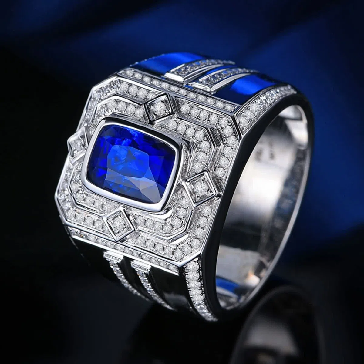 Anillo Zafiro Y Plata, Anillo Vintage Azul Oro Blanco 18K Azul Forma Rectangular Diamante Blanco para Esposo con Joyero