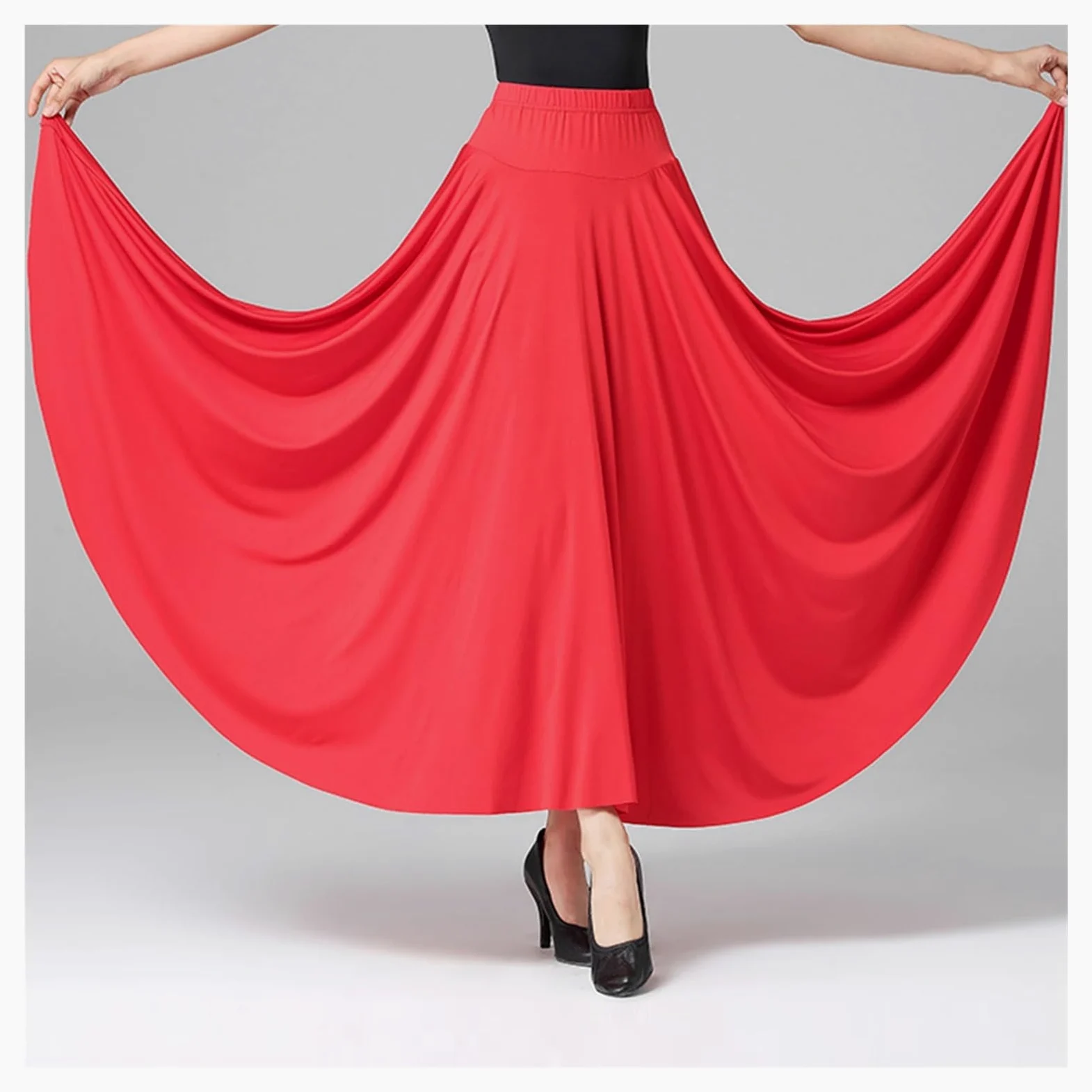 Falda Danza del Vientre Falda de Baile de salón for Mujer, Falda Larga Lisa, Cintura Alta, Cintura elástica, Volantes, Disfraz de actuación(Red,6XL)