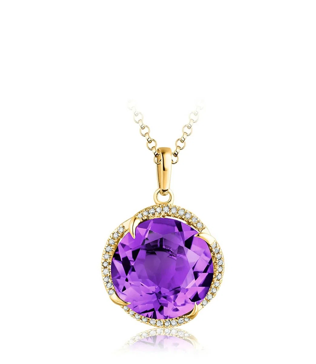 Collar de mujer de oro de 18 quilates, amatista, amatista real, diamante de flores, color morado, regalo de aniversario para ella