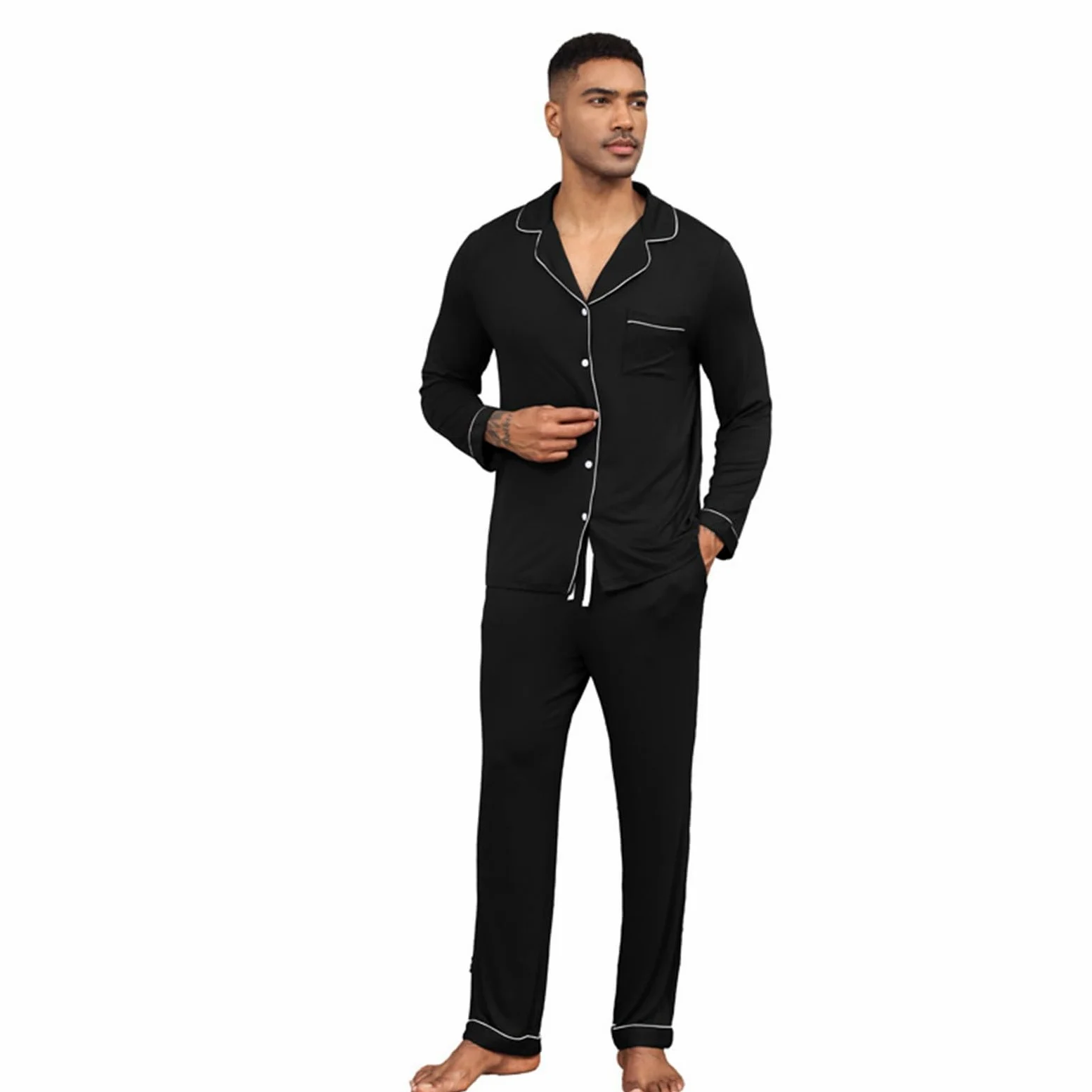 Generisch Conjunto de pijama para hombre, camisa de manga larga con cuello de solapa y pantalones largos, monocolor, algodón, informal, transpirable, ligero, suave, cómodo, traje de casa de 2 piezas