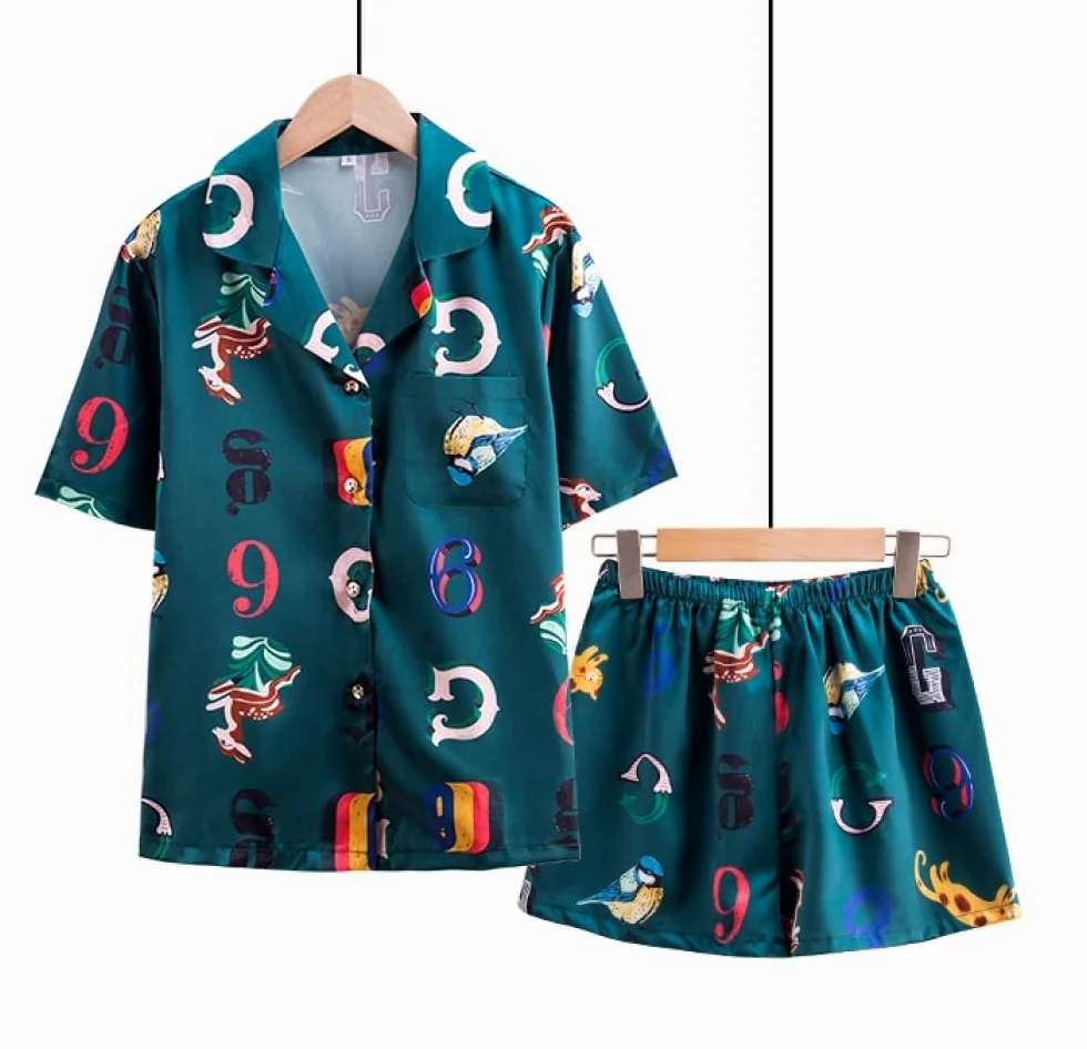 Pijama De Mujer Manga Corta,Impresión De Números Verdes Solapa Pijama De Manga Corta para Mujer Conjunto De 2 Piezas Suave Y Cómodo Pijama para Mujer Ropa De Descanso Regalo del Día De La Madre