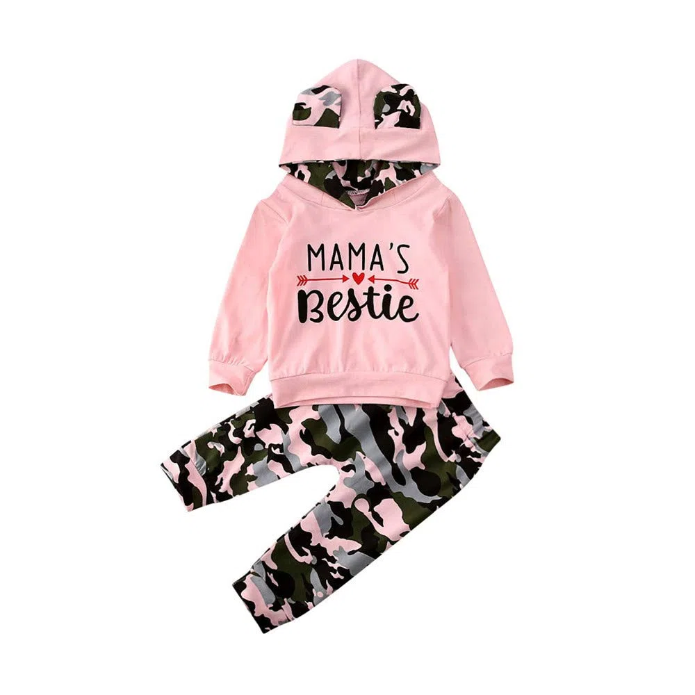 2pcs Bebé Niñas Otoño Invierno Ropa Mamas Bestie Sudadera Con Capucha Tops & Camo Pantalones Trajes Conjuntos - rosa - 18-24 meses