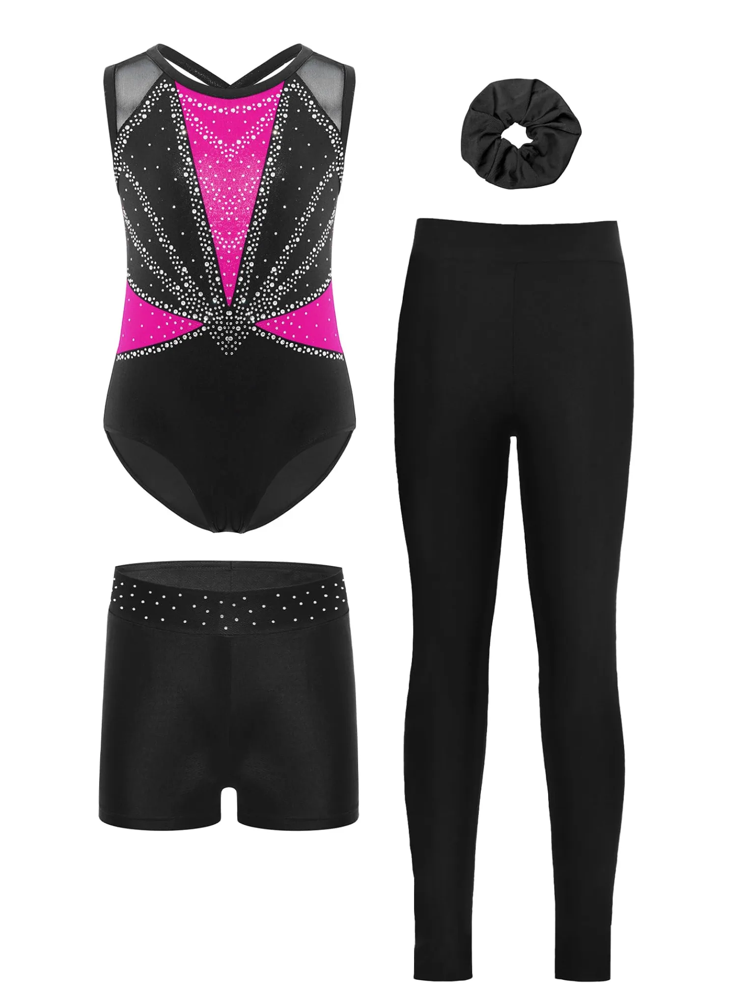Piezas De Traje De Gimnasia Para Niñas Con Brillo Con Pantalones Cortos Moño Para El Cabello Bodysuit De Gimnasia Traje De Competición Y De Baile