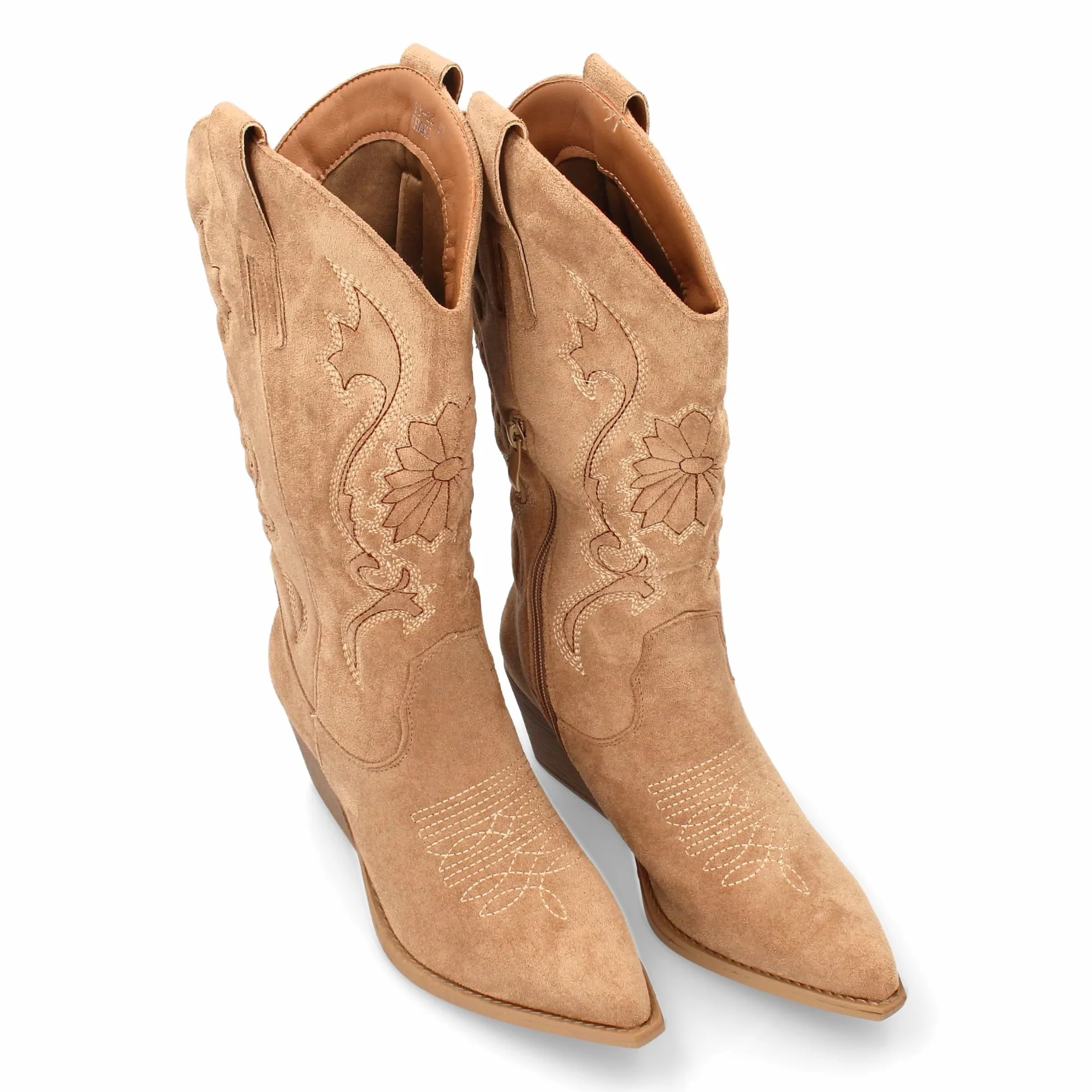 Bota Cowboy de Cana Alta con Bordados para Mujer. Tacon Medio y Punta Fina, Estampado Liso. Estilo campero y Cierre de Cremallera, Ideales para Temporada Otono Invierno.
