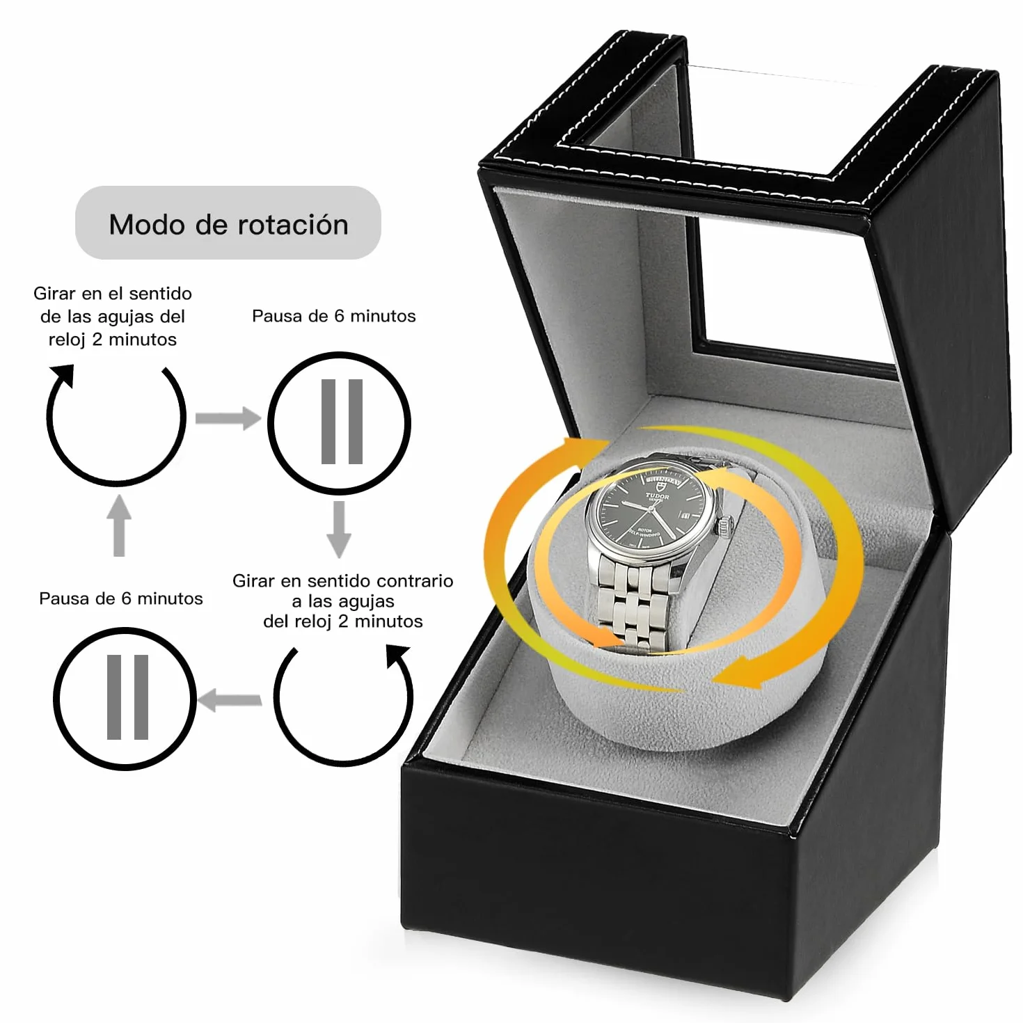 Caja de enrollador de Reloj automático, Caja de Reloj de Cuero Single Watch enrollador PU con Motor silencioso, Alimentado por batería o Adaptador Watch Winder