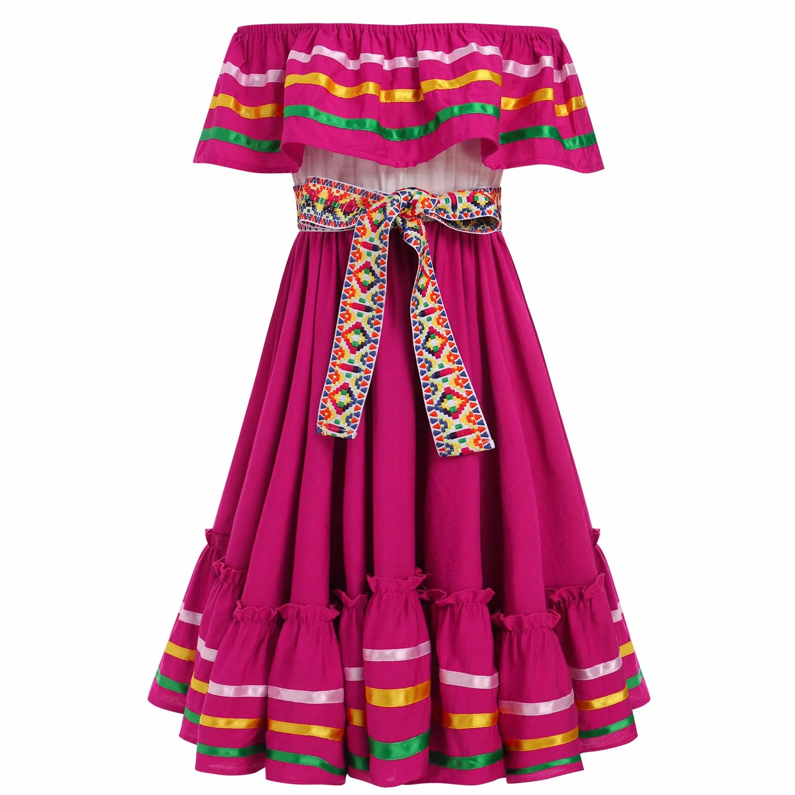 OMEWEE Vestido tradicional mexicano para niñas con cinturón, trajes de indios mexicanos, sin mangas, con volantes, vestido de fiesta cultural mexicana