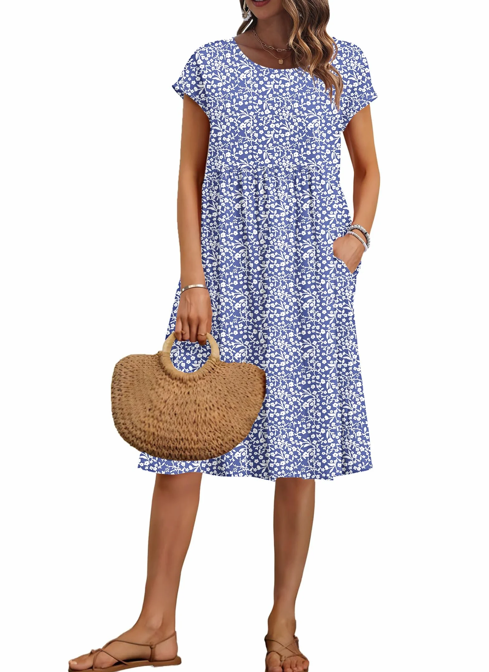 AUSELILY Vestido Mujer Manga Corta Cuello Redondo Bolsillos Holgado