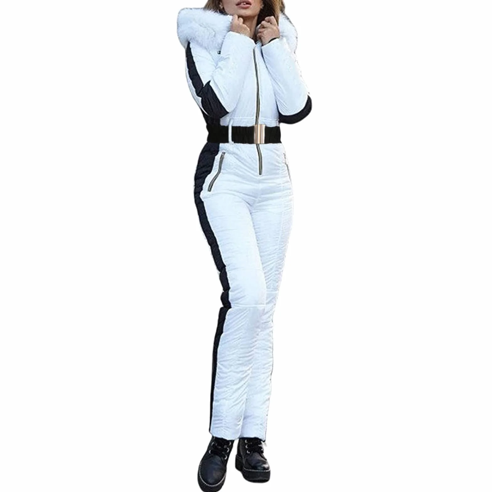 Mono de esquí para mujer, impermeable, cortaviento, traje de nieve largo con capucha y cremallera