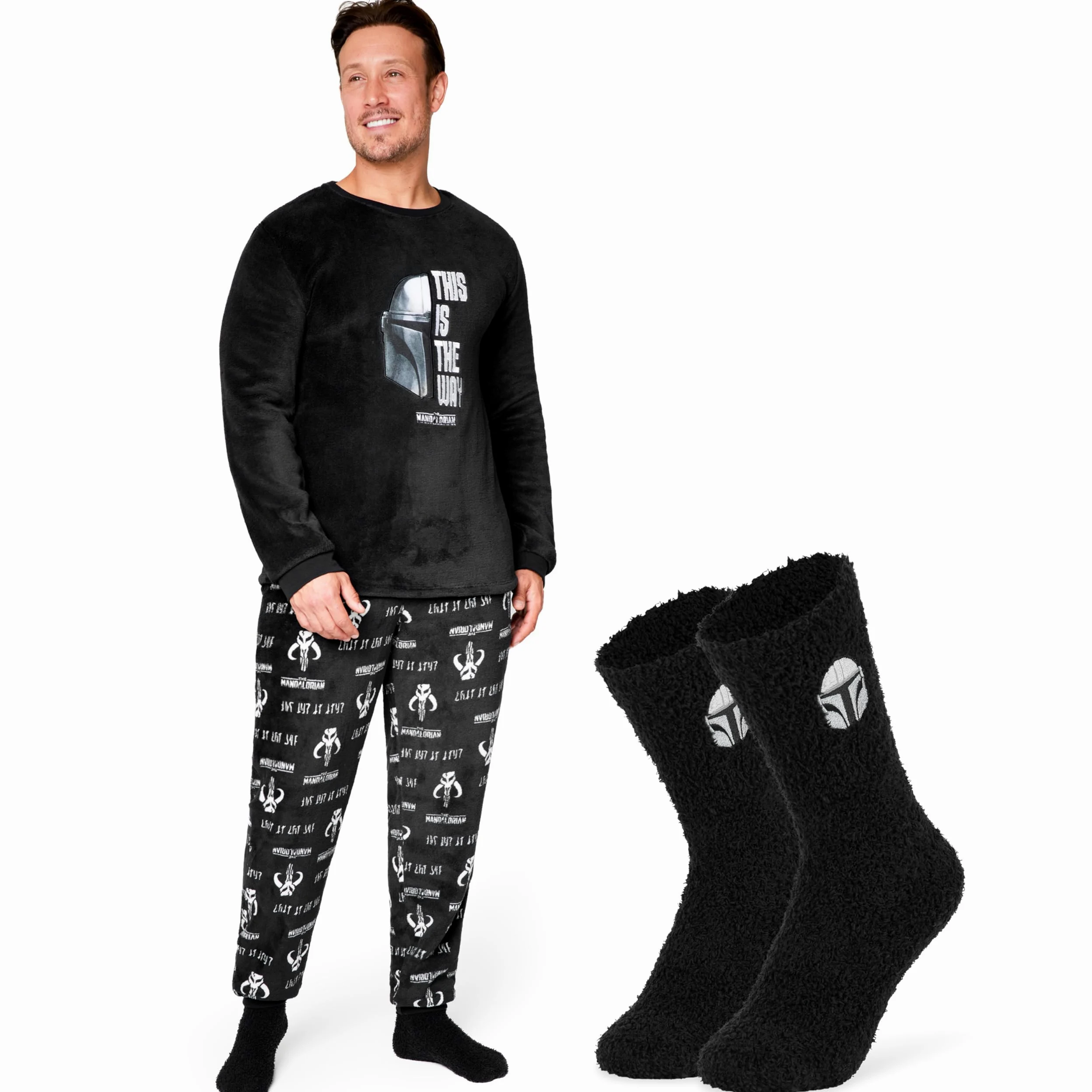 Disney The Mandalorian Pijama Hombre - Conjunto Pijama Hombre Invierno de Polar y Calcetines Suaves de Casa Tallas M-2XL
