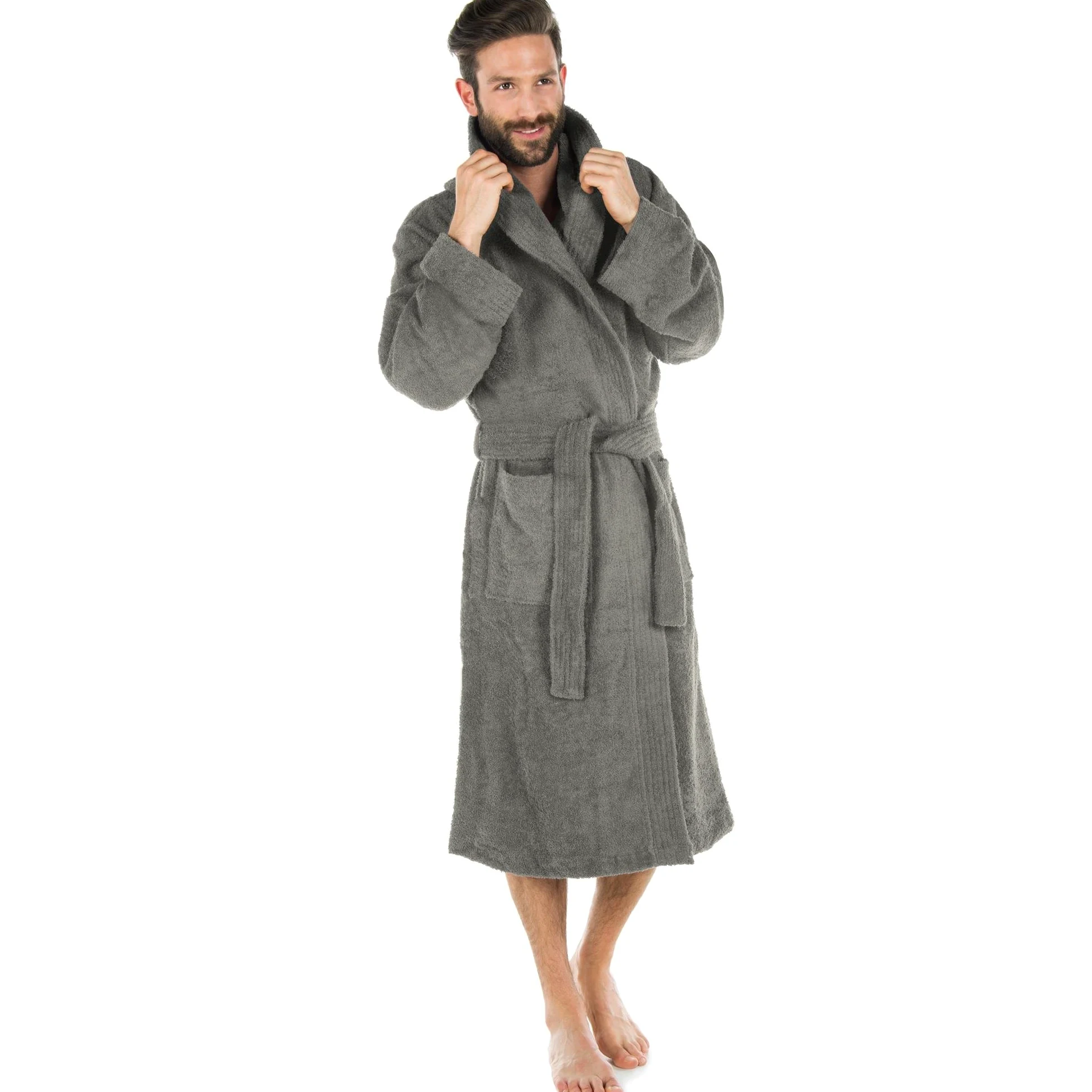 CelinaTex - Albornoz Unisex con Cuello Esmoquin o Capucha, Albornoz de algodón de Rizo para Sauna, Talla XL, Gris Oscuro