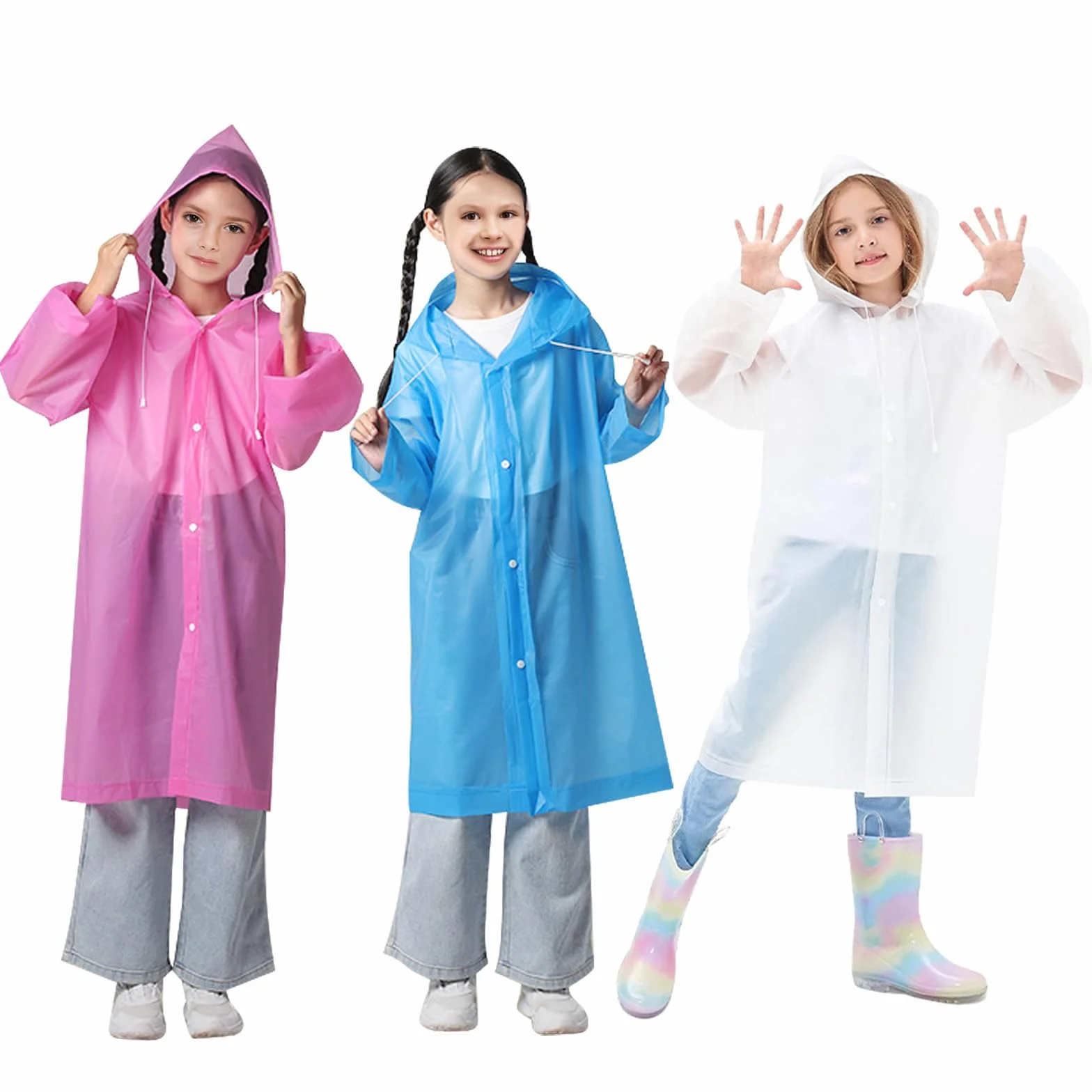 ZOCONE 3 Piezas Chubasquero Niño Reutilizable Poncho Impermeable Niño con Capucha y Botón, EVA Poncho Lluvia Capa de Chuva Criança Chubasquero Impermeable para Viajes, Senderismo, Camping