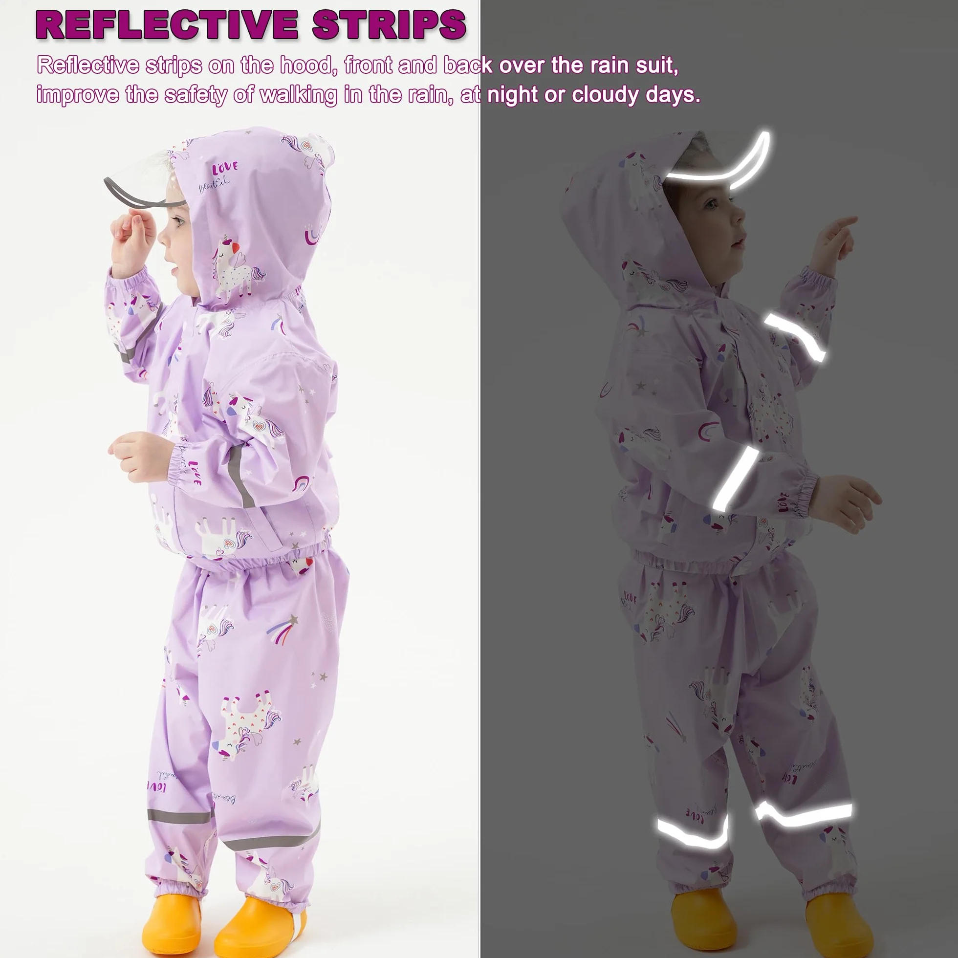 Impermeable Chubasquero Niñas - Abrigos Impermeables & Pantalones Conjunto de 2 Piezas, Niñas Chaqueta de Lluvia con Capucha Pantalones Impermeables Reutilizable Traje Impermeable para 1-7 Años