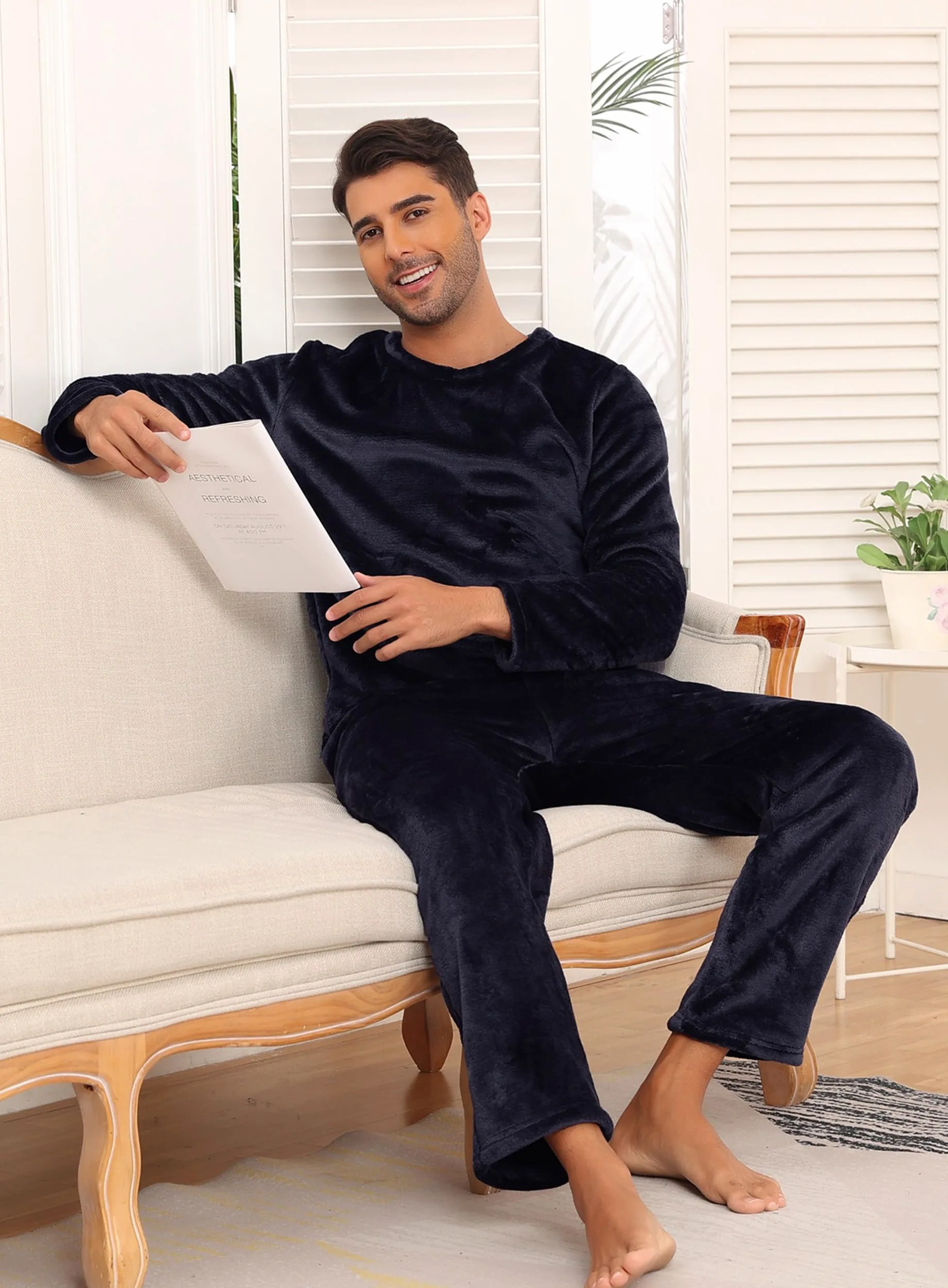 Lovasy Pijama Hombre Invierno Manga Larga Polar Pijamas para Hombre de Franela Cálido Largo