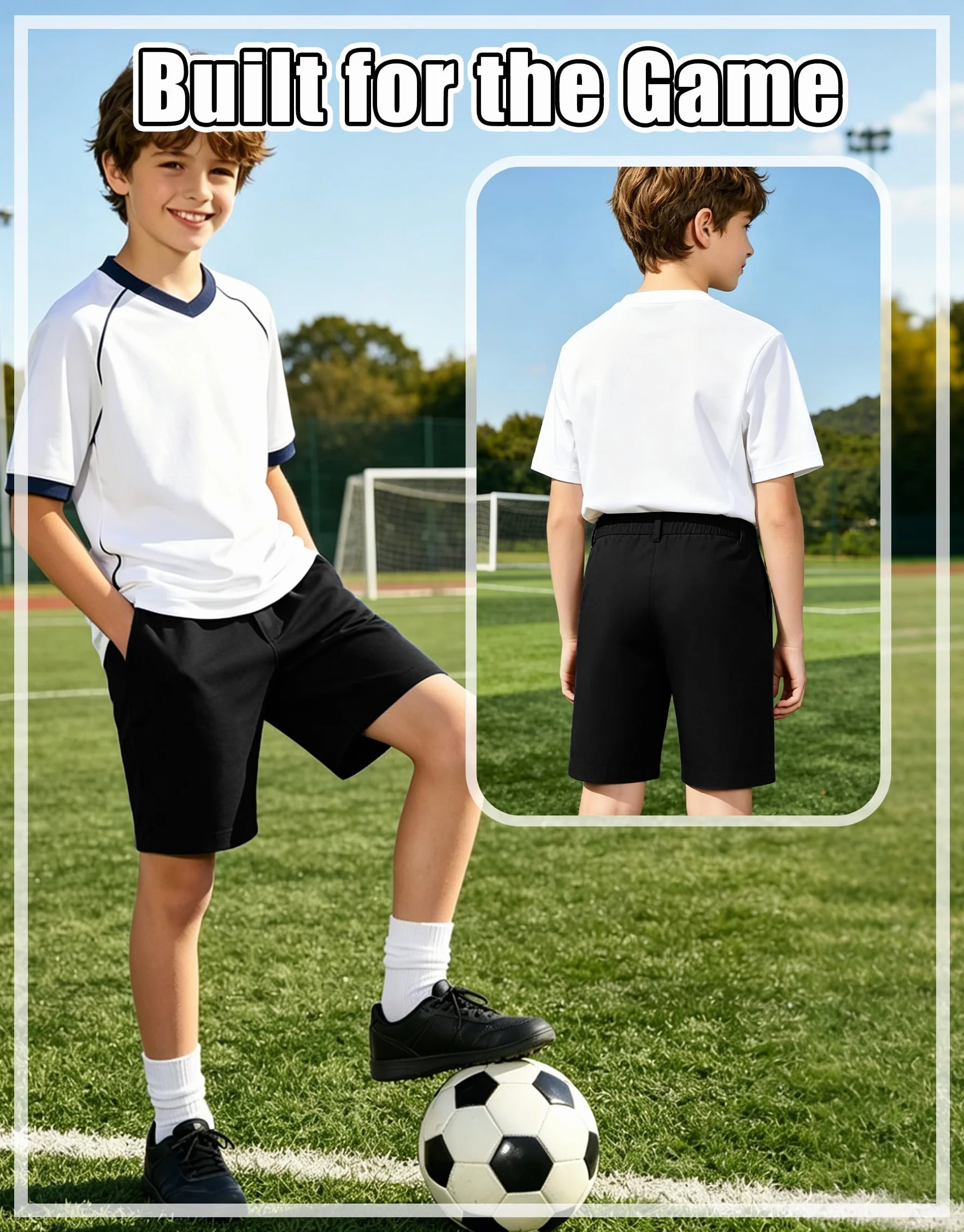 Pantalones Cortos Escolares Niños, Sin Plancha Shorts Uniforme con Cremallera Botón, Transpirable Cinturilla Elástica Pantalón Cortos Formales Deportes para Infantil Edad 7-13