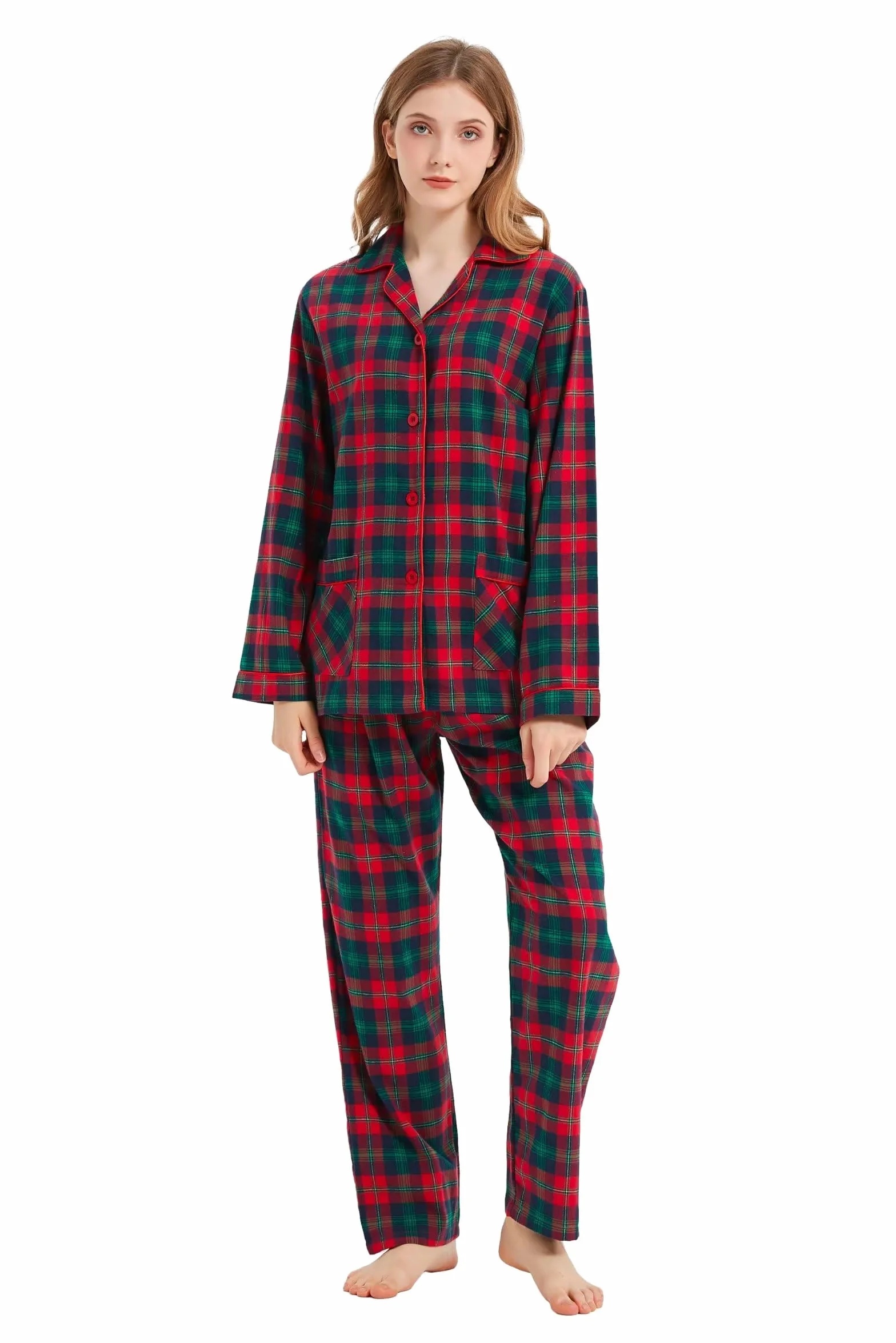 Conjunto de pijama de franela de algodón 100% para mujer, teñido en hilo, acogedor pijama de manga larga para el invierno