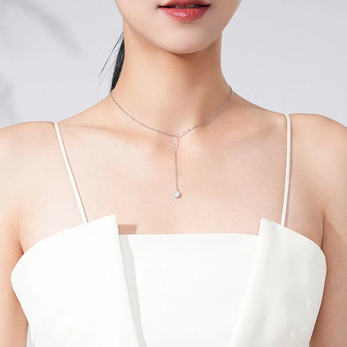 Collar para mujer, joyería de moda, collar de cadena en Y de oro blanco de 9K/14K/18K con colgante redondo de moissanita, cadena alargada: 40+5cm