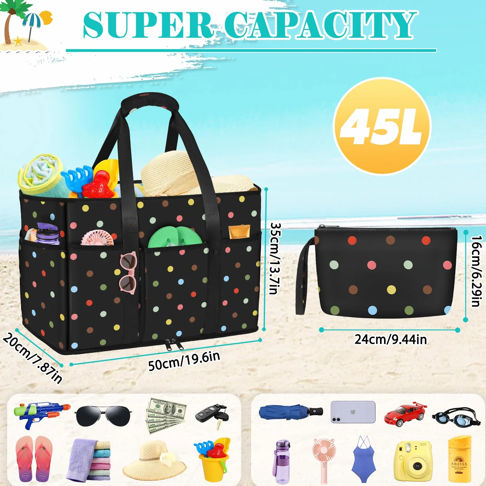 LUROON Bolsa Playa Grande XXL Familiar con Cremallera Impermeable Bolso de Playa Mujer Plegable Shopper Bolso Playa Mujer para Viaje Compras 50 * 35 * 20cm