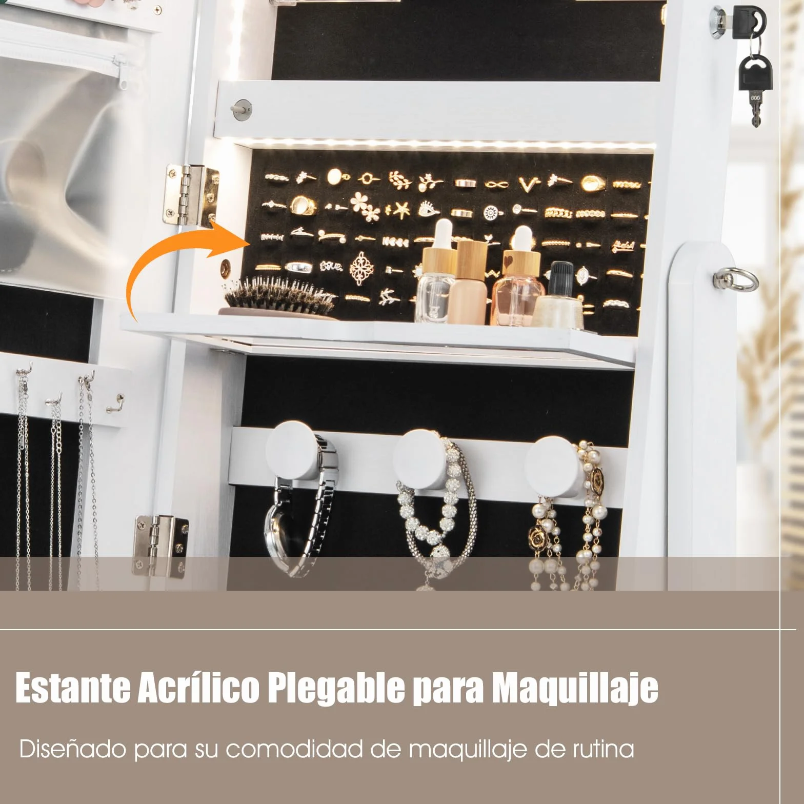 COSTWAY Armario para Joyas, Espejo Joyero de Pie Con Luces LED de 3 Colores, Espejo de Pie Cuerpo Entero con Cerradura, Cajón y 4 ruedas, Almacenamiento de Joyas Con Espejo de Maquillaje (Blanco)